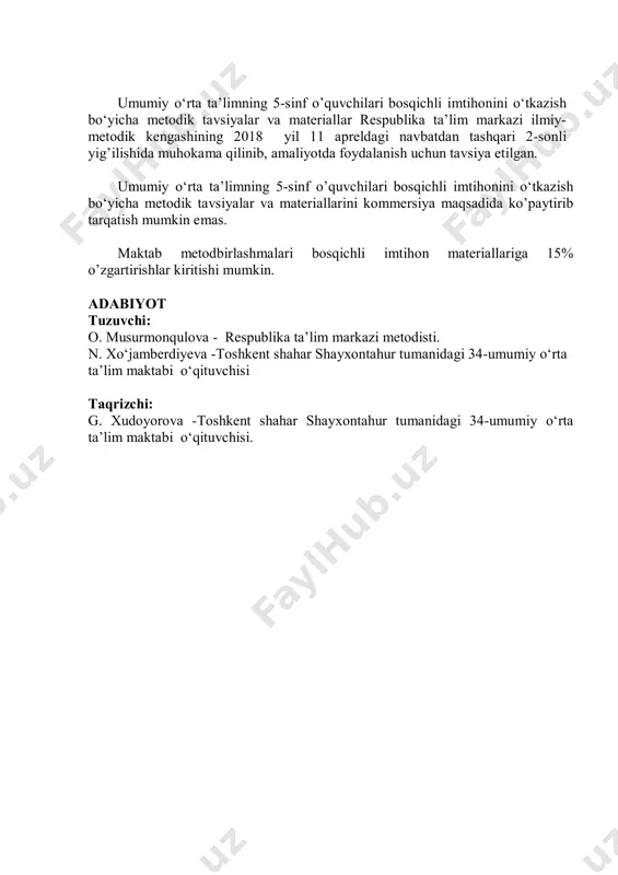 azmunini tushungan bo‘lsa, asar qahramonlariga umumiy tavsif berolsa, fikrlarini bayon etsa 2,5 ball 4 ball she’rni yoddan aytishda talaffuz me’yorlari biroz buzilsa, tutilib aytsa 1,5 ball ijodkorlarning hayoti, ijodi va asarlarini to‘liq o‘qimaganligi sezilsa, asar va uning qahramonlariga munosabat bildirishda mustaqil fikrlari bo‘lmasa 2 ball 3 ball she’riyni yoddan aytishda talaffuz me’yorlari buzilsa, ayrim misralarini unutsa 1 ball ijodkorlarning hayoti, ijodi va asar haqida umumiy ma’lumotnigina bilsa 1 ball 2 ball she’rni qisman aytsa, mavzu doirasida o‘qituvchi tomonidan berilgan savollarga qisman javob bersa 1 ball bilet savollarga umuman javob bera olmasa, qo‘shimcha savollarni qisman bilsa 1 ball eslatma: berilgan javoblar ko‘rsatilgan me’yorlardan biroz farq qilsa ham, yuqoridagi mezonlarga asoslanilgan holda baholanadi. 1-bilet 1. maqol deganda nimani tushunasiz? 4 ta maqol aytib, izohlang. 2. xohlagan she’ringizni yoddan ayting. 2-bilet 1. birorta masal aytib ma’nosini tushuntiring. 2. erkin vohidovning “nido” dostonidan parcha yod ayting. 3-bilet 1. susambil ertagining asosiy g‘oyasi haqida so‘zlang. …