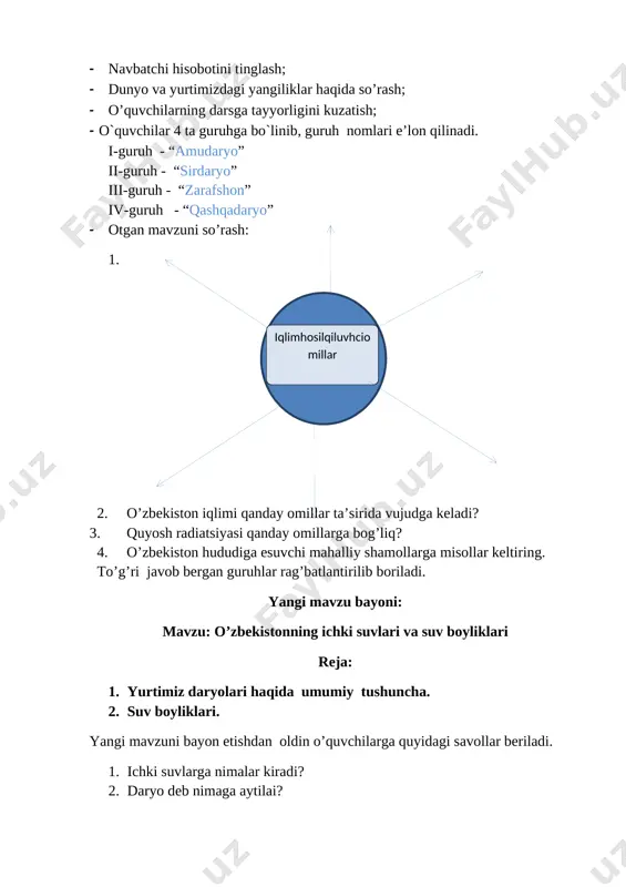 i. u esa boshqaguruh a’zosiga koptokni uzatadi. kimning qo’lida koptok uzoq qolib ketsa, u guruh a’zosi o’yindan chiqadi. o’yin shu zaylda davom etadi. oxirgi qolgan guruh a’zosi guruhiga rag’bat keltiradi. o’zbekistonda ichki suvlar quyidagicha joylashgan: t/r ichki suvlar turi soni 1 daryo 18 mingga yaqin 2 ko’l 525 ta 3 suv ombori 53 ta 4 muzlik 525 ta respublikamiz daryolari berk havzaga kiradi va ular hudud bo’yicha notekis taqsimlangan. daryolar asosan, tog’lardan boshlanadi, tekislikka chiqqach, sug’orishga sarflanib, yerga shimilib, bug’lanib, suvi kamayib qoldi, ayrimlari cho’llarda tugaydi. faqat amudaryo bilan sirdaryo orol dengiziga boribquyiladi. o’zbekiston daryo tarmoqlarining zichligi hudud bo’yicha birxil emas. tekislik qismida daryolar juda siyrak bo’lib , aksincha tog’ va adirlarda daryolar tarmog’i zich. bunga asosiy sabab, tog’larda tekisliklardagiga nisbatan yog’inlar ko’p tushadi, harorat pastligidan mumkin bo’lgan bug’lanish va shimilish kam bo’ladi. natijada yog’inning ko’p qismi daryo oqimiga aylanadi. o’zbekiston tog’ daryolari tor o’zanda tez, shiddat bilan oqadi. ular …