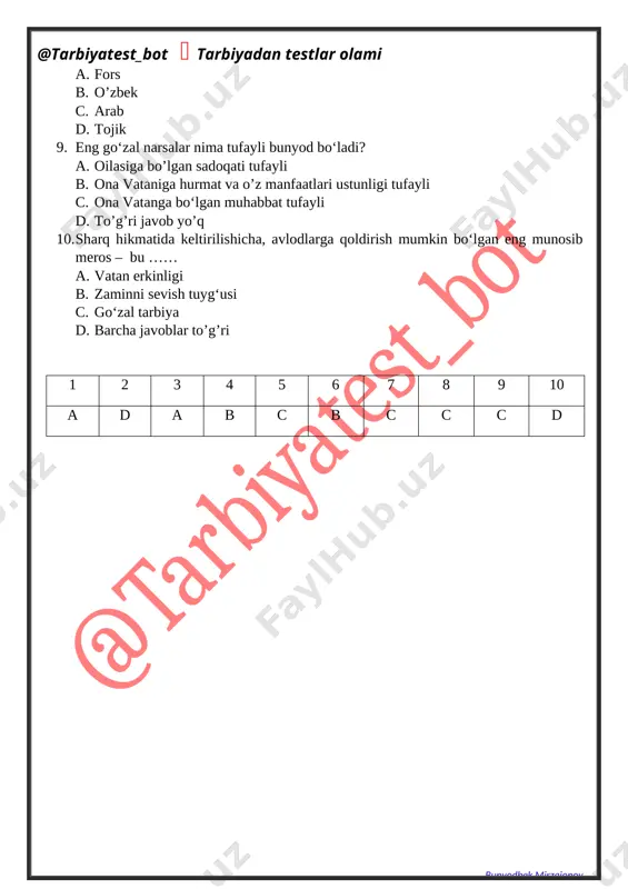 nom b. ezgulik c. komil farzand d. barcha javoblar to’g’ri 2. mahmudxo’ja behbudiy boy bo‘lmoq u yoqda tursin, ro‘zg‘or tebratish uchun ham nima kerak degan edi? a. harakat b. ilm c. omad d. daromad 3. hayot yo‘lida birinchi masala – maktab masalasidir, deb kim aytgan? a. abdulla avloniy b. munavvarqori abdurashidxonov c. abdurauf fitrat d. cho’lpon 4. abdulla oripov yashagan yillarni aniqlang? a. 1941–2016 b. 1942-2006 c. 1945-2015 d. 1946-2017 5. hurmatga erishish uchun ko‘plab yaxshi ishlar qilish kerak. lekin birgina yomon ish undan mahrum qiladi. ushbu fikr kimniki? a. benjamin franklin b. lev tolstoy c. muhammad ali d. pushkin 6. rizamat ota musamuhamedov (1881–1979) nomi o’zi yetishtirgan qaysi meva navi bilan bog’liq? a. olma b. qovun c. uzum d. nok 7. dmitriy mendeleyev yashagan yillarni aniqlang? a. 1834–1907 b. 1845-1910 c. 1846-1912 d. 1847-1915 8. yaxshilik qilganlargina bu hayotda yashay oladilar. fikr kimniki? a. lev tolstoy b. a.s.pushkin c. …