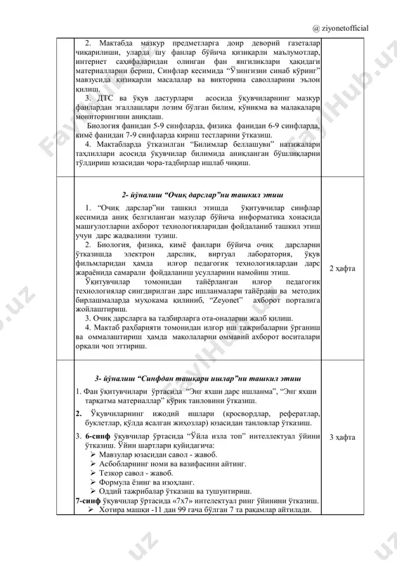 b, ochiq darslar, to'garak mashg'ulotlari va tadbirlarni noan'anaviy tarzda ilg'or pedagogik va axborot kommunikatsion texnologiyalardan foydalangan holda tashkil etadi. umumiy o'rta ta'lim muassasalarida biologiya, fizika, kimyo fanlari tabiiy fan bo'lib, unda kechadigan hodisa va jarayonlar bevosita olamda, insoniyat dunyosida paydo bo'lganligi uchun ko'z bilan ko'rib bo'lmasligi bois o'quvchilarning bilim samaradorligini oshirish, dars sifatini, ta'lim jarayonini yanada yuqori ko'rsatkichlarga ko'tarishda fanlararo bog'liqlik va axborot kommunikatsion texnologiyalardan foydalanish muhim ahamiyat kasb etadi. biologiya, fizika, kimyo fan oyligini tashkil etish va o'tkazishda quyidagilarga e'tibor qaratish tavsiya etiladi: № bajariladigan ishlar mazmuni vaqti 1- yo'nalish “fan oyligi”ning ochilishi 1.umumta'lim maktablarida biologiya, fizika, kimyo fanlari oyligini o'tkazish yuzasidan chora - tadbirlar rejasi ishlab chiqish va uni fan oyligi burchagiga joylashtirish. 1 hafta @ ziyonetofficial 2. maktabda mazkur predmetlarga doir devoriy gazetalar chiqarilishi, ularda shu fanlar bo'yicha qiziqarli ma'lumotlar, internet sahifalaridan olingan fan yangiliklari haqidagi materiallarni berish, sinflar kesimida “o'zingizni sinab ko'ring” mavzusida qiziqarli masalalar va …