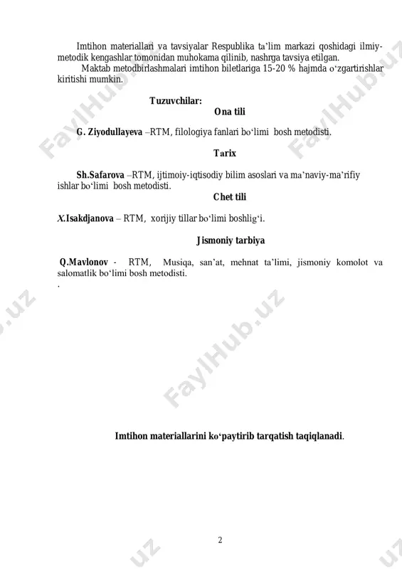 iyatini tushunib yetishi va aytib bera olishi, olgan bilimlarini amalda qo„llay olishi, mustaqil mushohada yurita olishi, ijodiy fikrlay olishi va xulosa qabul qila olishi, masalalarni yecha olishi va amaliy topshiriqlarni bajara olishi kabi mezonlarga qarab amalga oshiriladi. metodik tavsiyada har bir fanning xususiyatidan kelib chiqqan holda nazoratlarni yozma yoki og„zaki holda o„tkazilishini nazarda tutib, imtihon materiallari keltirilgan. har fan bo„yicha o„quvchilarning javoblarini baholash bo„yicha ball meyorlari berilgan. ular namunaviy bo„lib, o„qituvchi undan ijodiy foydalanishi kerak. fanlar chuqur o„rganiladigan maktab(sinf)lar uchun mazkur imtihon materiallariga qo„shimcha ravishda savollar kiritiladi. qo„shimcha savollar fan o„qituvchisi tomonidan tayyorlanib, tegishli uslubiy birlashma tomonidan muhokamadan o„tkaziladi va maktab direktori tomonidan tasdiqlanadi. 4 ix sinf bitiruvchilarining yakuniy attestatsiyasi bo‘yicha tavsiya o„quvchining ona tili ta‟limi jarayonida egallagan ko„nikma va malakalari uning og„zaki nutqida namoyon bo„lishi bilan birgalikda u yaratgan matnda ham aks etadi. 9- sinfda asosiy ko„rsatkich fikrni mantiqiy izchillikda ona tilining keng imkoniyatlaridan foydalangan holda ravon va to„g„ri …