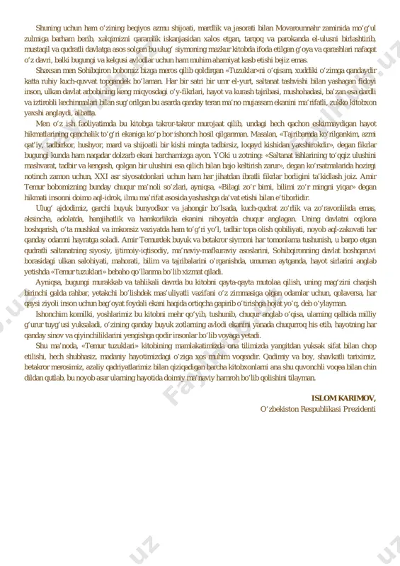 he’riy poema yaratgan. va bunday asarlar bugungi kunda ham ko‘plab paydo bo‘lmokda. frantsiyalik tanikdi olim lyusen keren tomonidan 2006 yili xalqaro miqyosda keng nishonlangan sohibqironning 670 yillik tavallud to‘yi arafasida parijda frantsuz tilida nashr qilingan «samarqandga, amir temur davriga sayohat» nomli fundamental tadqiqot bu fikrning yaqqol tasdig‘idir. tabiiyki, bu asarlarning barchasi ulug‘ bobomizning hayoti va faoliyati bilan bog‘liq ko‘pgina masalalarga javob topishda, ularni tarix va bugungi zamon nuqtai nazaridan yoritishda muhim o‘rin tutadi. ularning har biri sohibqiron siymosi haqida o‘ziga xos tasavvur va tushuncha beradi. ming afsuski, mustamlakachilik yillarida, ya’ni milliy qadriyatlarimiz, aziz-avliyolarimiz va allomalarimizning boy merosi, tabarruk nomlarini xalqimiz xotirasi va yuragidan butunlay o‘chirishga qaratilgan siyosat hukm surgan davrlarda amir temurning hayoti va faoliyatini o‘rganish u yoqda tursin, hatto uning nomini tilga olish ham mutlaqo taqiqlab qo‘yilgan edi. bu mavzuda yaratilgan ba’zi bir ilmiy-badiiy asarlarda amir temur siymosi tarixiy haqiqatga zid ravishda biryokdama, asosan qora bo‘yoqlarda aks ettirilar edi. …