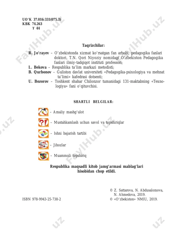 i o‘rganib, amaliy ko‘nikmalarni egalladingiz. 9-sinfda esa hunarmandchilik mahsulotlarini tayyorlash texnologiyasi, ishlab chiqarish va ro‘zg‘orshunoslik asoslari, elektronika asoslari, kasb tanlashga yo‘llash, ijodiy loyiha tayyorlash bo‘yicha bilim, ko‘nikma va malakalarni rivojlantirib, kompetensiyalarga aylantirishda darslik sizga yaqin ko‘makchi bo‘ladi. darslikda ish namunalari hamda hunarmandchilik mahsulotlarini tay- yorlashning texnologik xaritalaridan foydalanib, ularni maktabingiz sharoiti- ga, o‘z sinfi ngiz imkoniyatiga moslab amalga oshirishingiz mumkin. mazkur darslik ko‘zlagan maqsadlaringizga erishishingizda sizga yaqindan yordam beradi. kelajakda «texnologiya» fanidan o‘zlashtirgan amaliy bilim va ko‘nikma- laringizni kundalik hayotingizda qo‘llay olishingizga va o‘z kasbingizning mohir ustasi bo‘lib yetishishingizga ishonamiz. 4 texnologiya va dizayn yo‘nalishi 1-bob. hunarmandchilik mahsulotlarini tayyorlash texnologiyasi 1.1. xalq hunarmandlari tomonidan eksport va ichki bozor uchun ishlab chiqarilayotgan mahsulotlar. hunarmandchilikda foydalaniladigan nodir materiallar va asbob-uskunalar hozirgi vaqtda xalq hunarmandlari tomonidan mahsulot yaratish va uni sotish bevosita bozor munosabatlari bilan uzviy bog‘liq. chunki bozordagi talab va taklifni o‘rganmasdan biror mahsulot ishlab chiqarib bo‘lmaydi. xalqimizning boy madaniy merosi va …