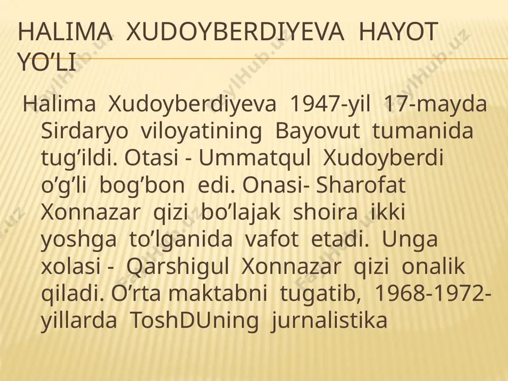 ofotlari buyuk shoiraga buyuk e’tirof halima xudoyberdiyeva mukofotlari 1990-yilda shoiraga “muqaddas ayol” to’plami uchun respublika davlat mukofoti, 1991-yilda “o’zbekiston xalq shoirasi” unvoni berildi. image3.jpeg