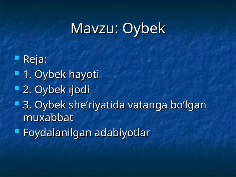 utlug' qon” (1940) “oltin vodiydan shabadalar” (1949) “navoiy” (1944) “bola alisher” (1967) “nur qidirib” (1955) na' matak nafis chayqladi bir tup na'matak yuksakda, shamolning belanchagida, quyoshga ko'tarib bir savat oq gul, viqor-la o'shshaygan qoya labida, nafis chayqaladi bir tup na'matak... mayin raqsiga hech qoniqmas ko'ngil, vahshiy toshlarga ham u berar fusun. so'nmaydi yuzida yorqin tabassum, yanoqlarni tutib oltin bo'sa-chun quyoshga tutadi bir savat oq gul! poyida yig'laydi kumush qor yum-yum... nafis chayqaladi bir tup na'matak... shamol injularini separ chashmadak, boshida bir savat oq yulduz-chechak, nozik salomlari naqadar ma'sum. tog'lar havosining feruzasidan mayin tovlanadi butun niholi, vahshiy qoyalarning ajib ijodi: yuksakda raqs etar bir tup na'matak, quyoshga bir savat gul tutib xursand! sozim uyg‘ongach umrning ilk bahori, soz bo‘ldi ko‘nglim samimiy yori. hamshira kabi yaqin va dilbar, tong yulduzidek umidga undar. soz bilmadi hech mahal arazni, nurlatdi yurakni jonli bazmi. ul qo‘rqmadi duch kelsa tikanzor, ofatli bo‘ron, qutursa sel, qor... gar …