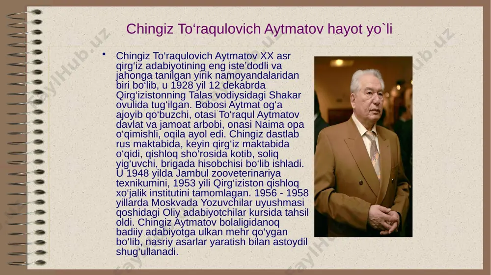 irg‘iz tiliga o‘girildi. asarlari; «yuzma-yuz», «sarvqomat dilbarim», «somon yo‘li» (1963), «momo yer», «alvido gulsari» (1966), «oq kema», «sohil yoqalab chopayotgan olapar» (1977), «hoshim», «gazetachi dzyuydo», «oq yomg‘ir», «sepoyachi», «qiyomat» (1986, qahramonlari: ober-kandalov, iso, avdiy, pontiy pilat, iuda, grishan, bozorboy, ko‘chqorboev, guram juxadze, bo‘ston, sandro va boshq.), «birinchi muallim» (1962), «asrga tatigulik kun», «kasandra tamg‘asi» (1990), «erta qaytgan turnalar» va boshq. «oq kema» qissasi haqida bu qissa 1970 iilda yozitgan bo‘lib, 7 qismdan iborat. asar qahramonlari kuyidagilar: mo‘min chol (u asarda «juda qartayib qolgan, yakkayu yolg‘iz o‘g‘li urushda halok bo‘lgan, umr bo‘yi bir yostiqqa bosh qo‘yib yotgan xotinidan ajralgan, eng katta baxtsizligi - uning qizlariga baxt kulib boqmagan» deya ta’riflangan), o’razqul, bekey, bola (baliq bola uchun erk va qudrat ramzi edi) va boshq. «e bo‘tam, hofizlar hamdu sano o‘qishda bahslashsa - qanday yaramaslik, ular qo‘shiqchidan qo‘shiq kushandasiga aylanishadi. ... e, bo‘tam, qadimgi odamlardan kolgan gap bor: «boylik - takabburlikni, takabburlik esa …