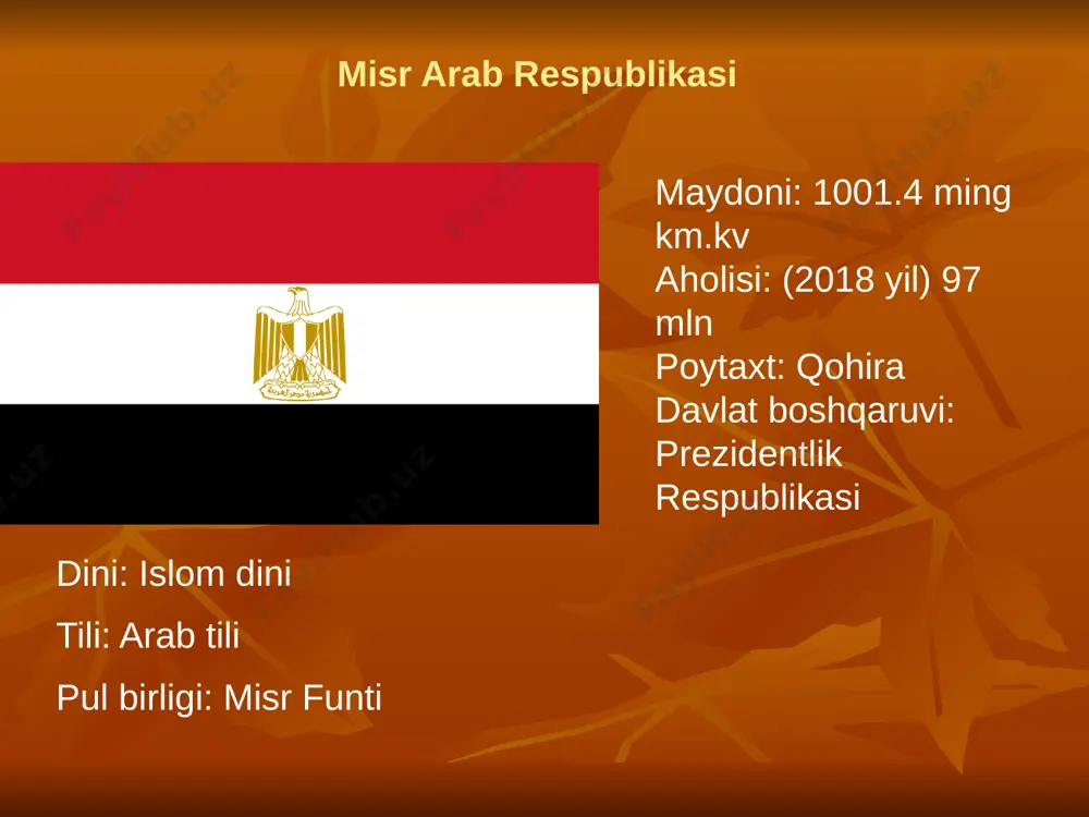 sathi haqida hisob olish uchun aylanma zinapoyadan tushib chiqqan. n. daryo suv sathini katta aniqlikda oʻlchashga imkon bergan. jahon meteorologiya tashkilotiga aʼzo boʻlgan barcha davlatlarda suv hav-zalari (daryolar, koʻllar, suv omborlari, hatto dengiz va okeanlar)ning suv satxlari ham shu prinsipda oʻlchanadi aholisi misr afrika davlatlari orasida aholi soni bo`yicha nigeriya va efiopiyadan keyingi 3-o`rinda turadi. aholisi yiliga 2.5%ga ko`payadi. shahar aholisini ulushi 45%ni tashkil etadi. misr bir millatli davlat hisoblanadi.aholisi notekis joylashgan. nil vodiysi va deltasida, suvaysh kanali bo`yida, o`rta va qizil dengizlar sohilida ham aholi bir muncha zichroq iskandariya yirik shaharlar giza qohira iqtisodiyoti iqtisodiyoti agrar-industrial.sanoati neft gaz, to`qimachilik, oziq-ovqat va kimyo tarmoqlariga ixtisoslashgan. asosiy ekinlari paxta, sholi, makkajo`xori, meva va poliz ekinlari . chorvachilikda asosiy tarmoqni qoramolchilik egallagan suvaysh kanali orqali kemalar tranzitidan tushadigan bojlar muhim daromad manbaidir. iqtisodiyotning muhim tarmoqlaridan biri turizmdir. misr neft qazib olish bo`yicha dunyoda salmoqli 27chi o`rinda turadi kunlik barrel-667000 suvaysh kanali orqali …