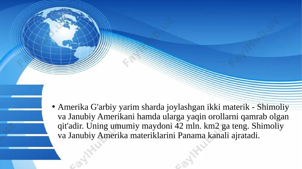 va fransuz tillarida so'zlashishi bilan bog'liq. shimoliy amerika va lotin amerikasi ijtimoiy-iqtisodiy rivojlanish darajasi hamda aholining milliy-madaniy xususiyatlari bilan farq qiladi. aqsh va kanada «katta yettilik» guruhiga kiradigan rivojlangan davlatlar bo'lsa, lotin amerikasi davlatlari esa rivojlanayotgan davlatlardir. image1.jpg image2.jpeg image3.jpg image4.jpg image5.jpg image6.jpeg image7.png image8.jpg image9.jpg image10.jpeg image11.jpg image12.jpg image13.jpg image14.png image15.jpeg image16.jpeg image17.jpg image18.jpeg image19.jpg image20.jpg image21.jpg image22.jpg image23.jpg