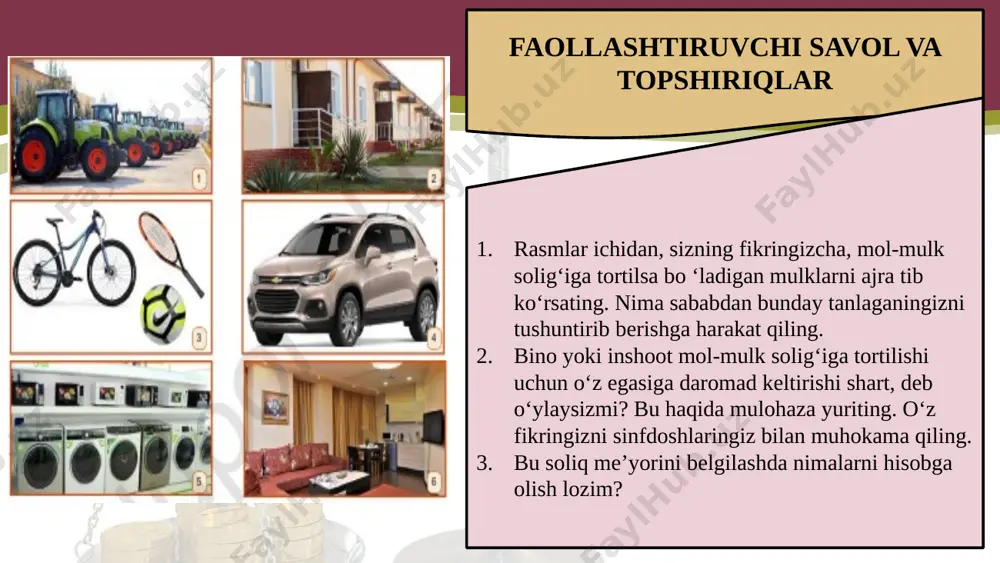 gan binolarga soliq kelgusi yil boshidan boshlab hisoblanadi. mol-mulk yo‘q qilingan, butunlay vayron bo‘lgan hollarda mol-mulk solig‘ini to‘lash ular yo‘q qilingan yoki butunlay vayron bo‘lgan oydan boshlab to‘xtatiladi meros bo‘lib qolgan mulkdan mol-mulk solig‘i meros olingan paytdan boshlab to‘lanadi. agar mulkning egasi almashsa, uning oldingi egasi joriy yilning 1- yanvaridan boshlab egalik huquqi yo‘qolgan paytgacha (oygacha) soliqni to‘laydi. mulkning yangi egasi esa egalik huquqini olgan oydan boshlab to‘laydi. agar mulk egasi soliq to‘lashda ayrim imtiyozlarga ega bo‘lish huquqini qo‘lga kiritsa, mol-mulk solig‘i o‘sha huquq vujudga kelgan oydan boshlab qayta hisoblanadi. mol-mulk solig‘ini to‘lash haqida to‘lov xabarnomalari davlat soliq idoralari tomonidan to‘lovchilarga har yili 1-maydan kechiktirmay topshiriladi. yuridik shaxsga tegishli bo‘lgan quyidagi mol-mulklar molmulk solig‘iga tortiladi: • asosiy vositalar, shu jumladan, moliyaviy ijara (lizing) shartnomasi bo‘yicha olingan asosiy vositalar (masalan, intellektual mulk); • nomoddiy aktivlar; • tugallanmagan qurilish obyektlari; • belgilangan muddatlarda o‘rnatilmagan uskunalar. mol-mulk solig‘i korxona mol-mulkining o‘rtacha yillik qoldiq …