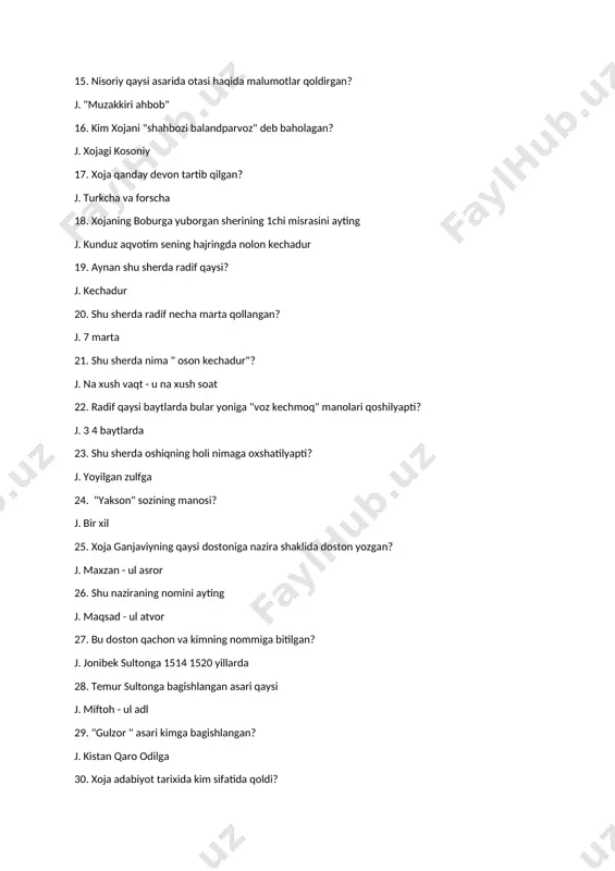 gishlangan asari qaysi j. miftoh - ul adl 29. "gulzor " asari kimga bagishlangan? j. kistan qaro odilga 30. xoja adabiyot tarixida kim sifatida qoldi? j. hikoyalar muallifi 31. 1 chi hikoyatda podshoh qayerga bormoqchi boladi? j. haj safariga 32. vazir bir zohid haqida aytayotganida osha zohid necha marta ka'baga borganini aytadi? j. 20 marta 33. zohid haj savoblarining orniga nima soraydi? j. bir soat adl qilganining savobini 34. 2chi hikoyatda iskandar zulqarnayn qayerdan xiroj talab qiladi? j. hamadondan 35. hamadon begi kim edi? j. doro 36. 3 chi hikoyatdagi g'azalda kimdek xalq ichida maosh qilsang deydi? j. sulaymondek 37. g'azalda "shaksiz, olur ul kishining manzili ....." qayer? j. bogi jinon- jannat bogi 38. 4chi hikoyatdagi xalqning odati nima edi? j. har yili bir g'arib kishini topib ,podshoh qilishadi 39. 1 yil podshohlik qilgandan song xalq u podshohni nima qiladi? j. kemaga solib, orolga oborib qoyishadi 40. qal'a , bozor …