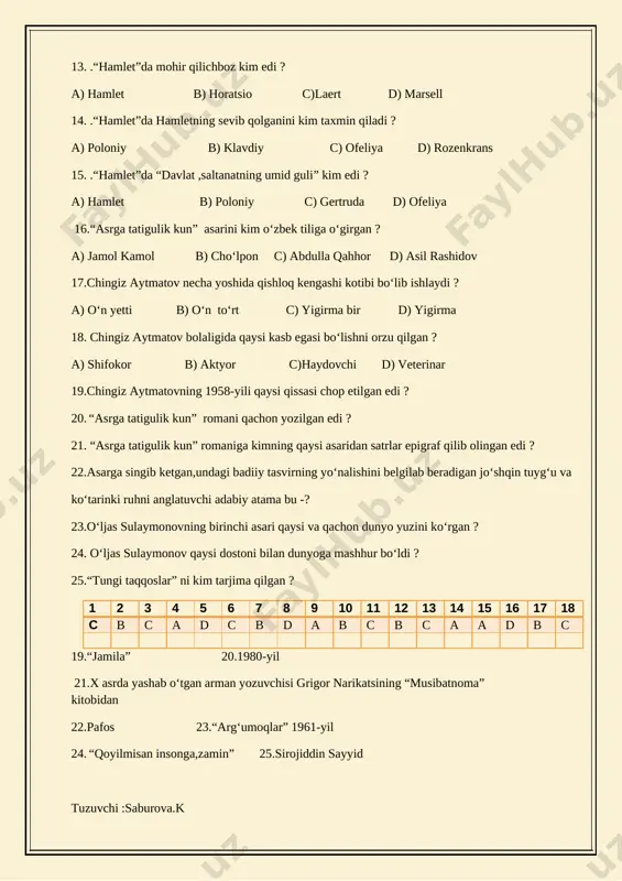 qiladi ? a) poloniy b) klavdiy c) ofeliya d) rozenkrans 15. .“hamlet”da “davlat ,saltanatning umid guli” kim edi ? a) hamlet b) poloniy c) gertruda d) ofeliya 16.“asrga tatigulik kun” asarini kim o‘zbek tiliga o‘girgan ? a) jamol kamol b) cho‘lpon c) abdulla qahhor d) asil rashidov 17.chingiz aytmatov necha yoshida qishloq kengashi kotibi bo‘lib ishlaydi ? a) o‘n yetti b) o‘n to‘rt c) yigirma bir d) yigirma 18. chingiz aytmatov bolaligida qaysi kasb egasi bo‘lishni orzu qilgan ? a) shifokor b) aktyor c)haydovchi d) veterinar 19.chingiz aytmatovning 1958-yili qaysi qissasi chop etilgan edi ? 20. “asrga tatigulik kun” romani qachon yozilgan edi ? 21. “asrga tatigulik kun” romaniga kimning qaysi asaridan satrlar epigraf qilib olingan edi ? 22.asarga singib ketgan,undagi badiiy tasvirning yo‘nalishini belgilab beradigan jo‘shqin tuyg‘u va ko‘tarinki ruhni anglatuvchi adabiy atama bu -? 23.o‘ljas sulaymonovning birinchi asari qaysi va qachon dunyo yuzini ko‘rgan ? 24. o‘ljas sulaymonov …