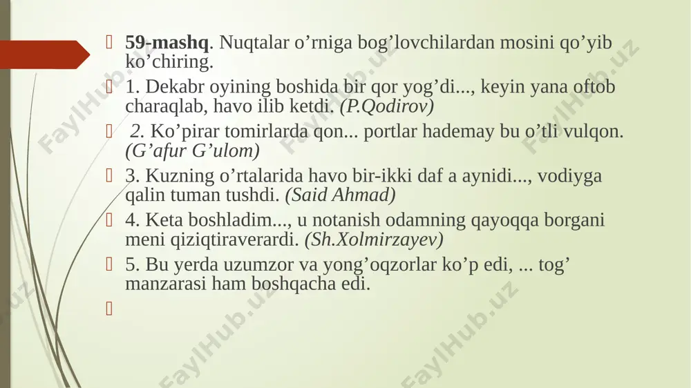 fasidagi vositalat d.ko’makchi qurilmalar 2.teng bog’lovchilar berlgan qatorni toping: a.va,lekin,yoki.dam…,dam. b.chunki ,shuning uchun,lekin,biroq. c.bo’lsa,esa,-u,-da d.agar,negaki,chunki 3.kuz saxovatli fasl,uning saxovatidan xonadonlar dasturxoni fayzga to’lgay-bunda ikki sodda gap nima orqali bog’langan? a.teng bog’lovchi. b.ergashtiruvchi bog’lovchi c.ohang d.ko’makchi qirilma 4.ko’makchi qurilmalar berilgan qatorni toping. a.chunki,shuning uchun,balki b.ammo,lekin,biroq c.bo’lsa,esa,-da,-ki d.shuning uchun,shu tufayli,shu sababli 5.qo’shma gap berilgan qatorni toping. a.vatan yagona va muqaddas makon. b.darsdan so’ng sport to’garagiga qatnashishim,uy vazifalarini bajarishim kerak. c,dunyodagi eng buyuk ne’mat tinchlikdir,lekin biz bu ulug’ ne’matning qadriga yeta olayapmizmi? d.sen,baribir,muqaddassan,muqaddas ayol! javoblar: 1.b 2.a 3.c 4.d 5.c 1.biriktiruv bog’lovchisi berilgan qatorni toping: a.va b.ammo,lekin,biroq c.gog,goh,yo,yoki d.agar,basharti 2.biriktiruv bog’lovchilari qanday munosabatdagi gaplarni bog’laydi: a.payt,sabab-natija b.maqsad c.o’rin –joy d.payt,sabab 3.va bog’lovchisi o’rnida qanday yuklamalarni qo’yish mumkin? a.-gina,-ku b.-u,-yu,-da c.-mi,-chi,-ki d.bilan,ham 4.nuqtalar o’rniga mos bog’lovchi qo’ying: kitob o’qigim keladi-yu,… nimagadir kitobni qo’lga olganda hafsalam pir bo’ladi. a.va b.lekin c.chunki d.yoki 5.bog’langan qo’shma gap berilgan qatorni toping: a.kuz keldi,yig’im-terim boshlandi. b.darddan juda qiynalardi,lekin hech …