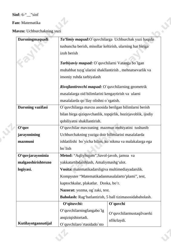 exnologilarnidarsdaqo`llashni, ularnitakomillashtirishgaerishadi. darsnitashkilqilishdaaxborottexnologiyalardanfoydalanadi.. o`quvchi mavzuyuzasidanberilgantopshiriqustidamustaqilishlashnio‘rganadi. o‘zfikriniravonbayon eta oladi. guruhdaishlashdajipslikkae`tborqaratadi. mavzuuchunqo‘shimchama`lumotlartopishgaharakatqiladi. o`quvchilarda shakllantiriladigan kompetinsiyalar komunikativ kompetensiya o`quvchi o`z fikrini og`zki va yozma tarizda aniq bayon qila oladi. savollarni mantiqan to`g`ri qo`ya oladi. o`z-o`zini rivojlantirish kopmetensiyasi: shaxs sifatida o`z o`zini rijojlantiradi. fanonga oid kompetensiya :mavzudan kelib chiqib o`rganilgan bilimlarni hayotda qo`llay olish shakllanadi. darsning tipi: yangi bilim berish, sayohat darsi. darsning uslubi: savol javob aqliy hujum, jamoa va yakka tartibda ishlash. darsning jihozi: darslik , kartochkalar, ko`rkazmalar, kompyuter va proektor darsning borishi 1. tashkiliy qism 2 minut 2. o`tilgan mavzuni so`rash 5 minut 3. uyga vazifa nazorati. 4 minut 4. yangi mavzu bayoni 15 minut 5. mustahkamlash 14 minut 6. baholash 3 minut 7. uyga vazifa 2 minut o`qituvchi salom o`quvchilar! tashkiliy qism: navbatchi o`quvchidan bugungi davomatni va sinfxonasi tozaligini so`rayman. samarqand bekati o`tilgan mavzuni takrorlash: o`quvchilardan oldingi darsda o`tilgan mavzuning tayanch iboralari va ularning izohlarini so`rayman. [image: ][image: ] o`quvchilarning uyga …