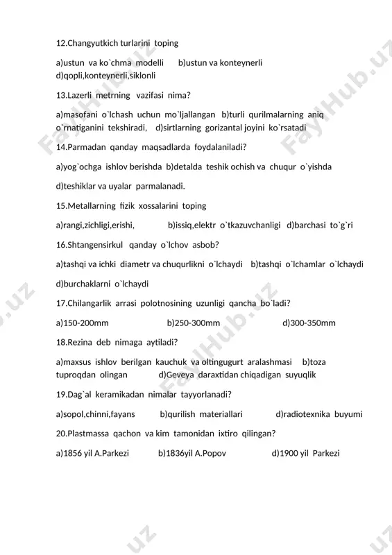 ikadan nimalar tayyorlanadi? a)sopol,chinni,fayans b)qurilish materiallari d)radiotexnika buyumi 20.plastmassa qachon va kim tamonidan ixtiro qilingan? [bookmark: _goback]a)1856 yil a.parkezi b)1836yil a.popov d)1900 yil parkezi