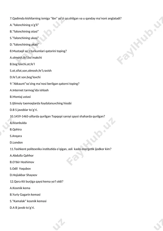 gi adabiy ensiklopediyaga qaysi yozuvchining nomi kiritilgan? a.jyul vern b.erkin vohidov s.hojiakbar shayxov d.rey bredberi. 14.janob elektirika kimga “sehrli”qilichini tekkizib “bir umr yasha” deydi? a.lengston hyuz b.rey bredber s.jyul vern d.artur konan doyl. 15.”men dengizchi bo’lib tug’ilgan bo’lsam kerak ,lekin afsus,dengizchi bo’la olmadim”degan fikrlarni kim aytgan? a.jyul verna b.artur konan doyl s.hojiakbar shayxov d.lengston hyuz 16.kapitan gul kemasining nomi berilgan qatorni toping? a.kosmos b.kamalak s.piligrim d.qora kit 17.”kayuta” so’zining ma’nosi nima? a.kemadagi xona b.kema oshxonasi s.kapitan xonasi d.harbiy xizmatchi. 18.dik necha yoshida janubiy mamlakatlarga qatnaydigan kemaga yunga bo’lib ishga kiradi? a.15 yoshida b.10 yoshida s.8 yoshida d.12 yoshida. 19.o’z tengqurlaridek hadeb gapiraverishni ,har xil qiliqlar qilishni yoqtirmasdi.u o’z qismati haqida o’ylar kelajakda,albatta, odam bo’laman” deb ahd qilgan.kim haqida gap ketyapti? a.guliver b.jek s.negoro d.dik send 20.negoro kemada qanday vazifani bajargan? a.kapitan b.oshpaz s.matros d.yo’l boshlovchi