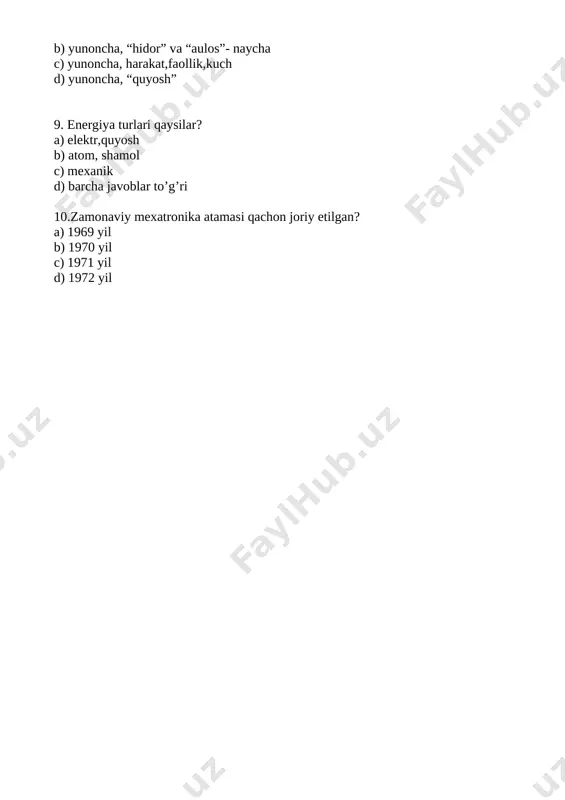 hli qotirg’ich (shurup) *8 b) uzun uchli qotirg’ich (shurup) *4 tizza qismi*4 c) uzun uchli qotirg’ich (shurup) *4 tizza qismi*1 d) sevro motor sg90 9 g*4 5. [image: image21.png]qanday asbob a) shrup b) kabel ulagich c) otvyortka d) izolyatsiya asbobi 6. lego group kompaniyasining asosiy idorasi qayerda joylashgan? a) angliya b) daniya c) italiya d) yaponiya 7.loyiha ishi necha bosqichdan iborat? a) 3 b) 4 c) 5 d) 6 8.robotlar ish bajarish turiga qarab qanday turlarga bo’linadi? a) monipulatorlar b) axborot uzatuvchi c) odimlovchi va boshqalar d) barcha javoblar to’g’ri 9. “robot” so’zi chex yozuvchisi karel chapek va uning ukasi yozef tomonidan o’ylab topilgan hamda birinchi marta 1920-yilda chapekning qaysi pyesasida tilga olingan? a) “rossum universal robotlari” b) “universal robotlari” c) “otto robotlari” d) “androidlar” 10. energiya so’zi qaysi tildan olingan? a) grek b) ingliz c) lotincha d) yunoncha testlar. 6-sinf i-variant [image: image22.png] 1. arduino platformasida 13 raqami bilan …