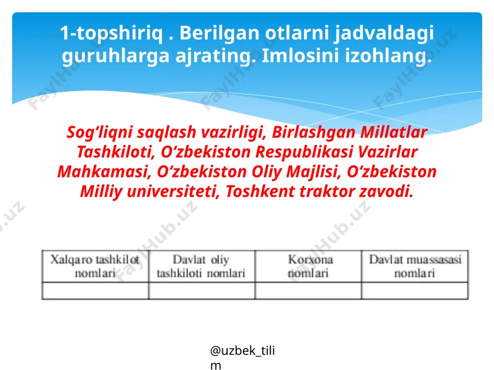 sollar keltiring. @uzbek_tilim 289-mashq. uyga vazifa o‘zingiz yashayotgan joydagi muassasa, korxona, tashkilotlarning nomlarini yozing. @uzbek_tilim foydalanilgan adabiyot: ona tili: umumiy o‘rta ta’lim maktablarining 6-sinfi uchun/n. mahmudov, a. nurmonov, a. sobirov, d. nabiyeva.— t.: «tasvir» nashriyot uyi. 2017. — 208 b. i. mahmudov n. va boshq. image4.jpeg image5.png image6.png image7.png