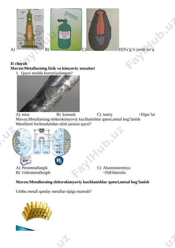 mavzu: metallar karrosiyasi 23-24-25- mavzu 1. karroziya deb nimaga aytiladi[image: c:\documents and settings\user\local settings\temporary internet files\content.word\img_20181220_115410.jpg]? a) eritmalar yoki suyuqlanmalari tokini o’tkazadi b) metallarning atrof – muhit bilan ta’sirlanishi natijasida yemirish jarayoni c) metallarning tashqi muhitga oksidlovchi bilan bevosita ta’sirlashishi d) bir bir bilan kontaktda bo’lgan ikki xil metallarning elektrolit suv bilan bevosita ta’sirlashganda nisbatan faolroq yemirilishi 2. elektrokimyovi karroziya deb nimaga aytiladi? [image: c:\documents and settings\user\rabochiy stol\screenshot_2018-12-20-12-43-54.png] a) eritmalar yoki suyuqlanmalari tokini o’tkazadi b) metallarning atrof – muhit bilan ta’sirlanishi natijasida yemirish jarayoni c) metallarning tashqi muhitga oksidlovchi bilan bevosita ta’sirlashishi d) bir bir bilan kontaktda bo’lgan ikki xil metallarning elektrolit suv bilan bevosita ta’sirlashganda nisbatan faolroq yemirilishi 3. kimyoviy karroziya deb nimaga aytiladi? [image: c:\documents and settings\user\rabochiy stol\screenshot_2018-12-20-12-45-09.png] a) eritmalar yoki suyuqlanmalari tokini o’tkazadi b) metallarning atrof – muhit bilan ta’sirlanishi natijasida yemirish jarayoni c) metallarning tashqi muhitga oksidlovchi bilan bevosita ta’sirlashishi d) bir bir bilan kontaktda bo’lgan …