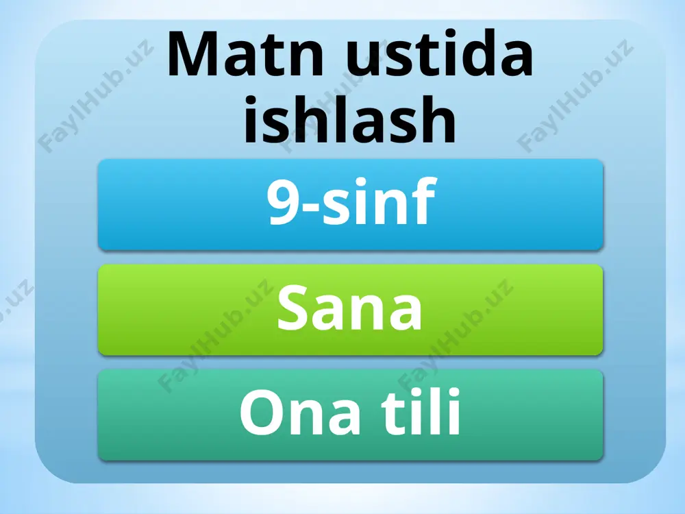 ’zbekistonda tug’ilganim bilan faxrlanaman (o’.hoshimov) “tushunchalar tahlili” 1. badaviylar sahro kishisi,sahroda yashovchi 2.eskimoslar osiyoning sharqi-shimoli, shimoliy amerika va grenlandiyada yashovchi xalq izoh tushuncha, atama 270-mashq.matn mazmunini qayta so’zlang. halol mehnatning savobi ulug’ “venn” diagrammasi boy chora-kor bog’bon 271-mashq.mashhur sportchi ruslan nuriddinovning gaplariga e’tibor bering. tarixiy kitoblarni ko’p o’qiyman.ular menga ilhom beradi,dunyoqarashimni kengaytiradi.qayerga borsam,o’sha yerning tarixini yaxshiroq o’rganishga harakat qilaman. mustahkamlash uchun savollar: 1.matnda hikoya maqsadi deganda nimani tushundingiz? 2.muhokama matni deb nimaga aytiladi? 3.matnda mulohaza-muhokama maqsadi qay tarzda yuzaga chiqariladi? uyga vazifa “o’zbek farzandi bo’lganimdan faxrlanaman!” mavzusida matn tuzish. e’tiboringiz uchun rahmat! image1.jpeg image2.wmf image3.wmf image4.jpeg image5.jpeg image6.jpeg image7.jpeg image8.jpeg image9.jpeg image10.jpeg image11.jpeg image12.wmf image13.jpeg