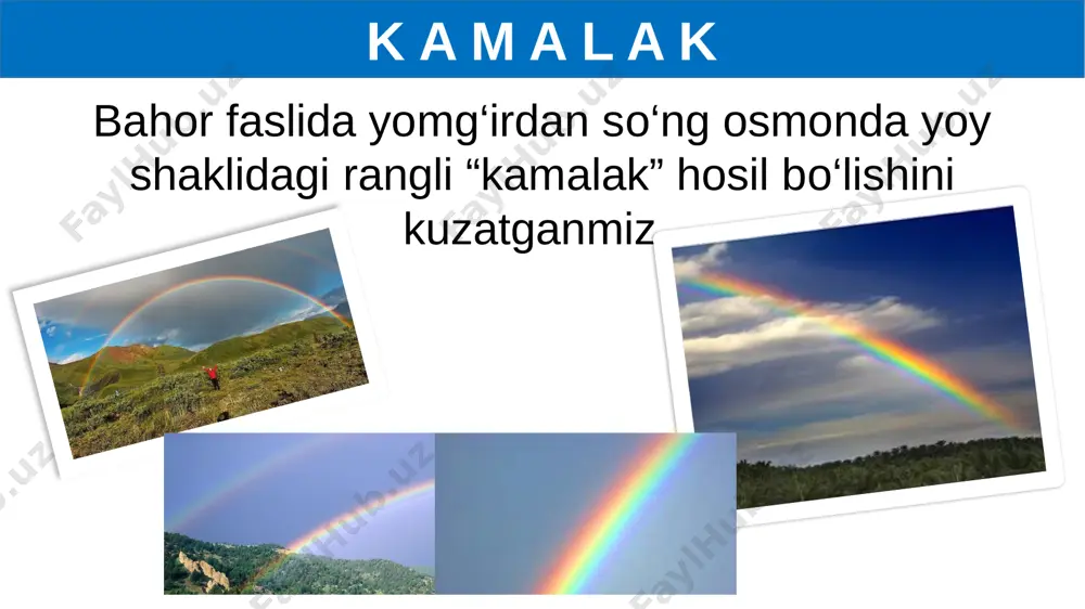 omg‘irdan so‘ng ko‘ringan kamalak yorqin bo‘ladi. mayda yog‘gan yomg‘irdan so‘ng hosil bo‘ladigan kamalak xiraroq. quyosh gorizontga qancha yaqin bo‘lsa, kamalak o‘lchami shuncha katta bo‘ladi. eslab qoling! qip-qizil, zo‘r sabzi, yam-yashil hovlida ko‘karib bo‘ldi. qizil qip-qizil zo‘r zarg‘aldoq sabzi sariq yashil yam-yashil hovlida havorang ko‘karib ko‘k bo‘ldi binafsha mustaqil bajarish uchun topshiriqlar: mavzu oxiridagi savollarga javob yozing. nima sababdan osmon havorang bo‘ladi hamda ertalab va kechqurun quyosh chiqishi va botishida qizarib ko‘rinishi haqida o‘ylab ko‘ring. image3.png image4.jpeg image5.jpeg image6.jpeg image7.jpeg image8.jpeg image9.jpeg image10.jpeg image11.jpeg image12.jpeg image13.jpeg image14.png image15.png image16.png image1.png