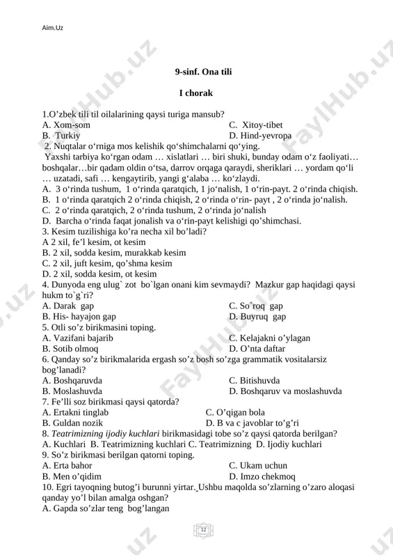 . moslashuv, bitishuv va boshqaruv yo’li bilan 11. buvimning hikoyasini zavq bilan tinglardik.ushbu gapdagi ” zavq bilan” birligi qanday gap bo`lagi vazifasida kelgan? a.to`ldiruvchi c. sabab holi b.aniqlovchi d. ravish holi 12. onam,opam va singlim bilan mehmonga bordim.qaysi gap bo`lagi uyushgan? a.ega c. ot b.to`ldiruvchi d.aniqlovchi 13. yomon urug`dan yaxshi hosil kutma. ushbu gap …? a. egasi ma`lum gap c. egasi umumlashgan gap b. atov gap d. egasi noma’lum gap 14. bitishuv munosabatidagi birikmalarni aniqlang. a. ko’klam quyoshi, bahor tongi b. maftunkor chehralar, tezda kelmoq c. o’lkamiz chiroyi, ko’l suvi d. xat yozdi, quduq qazimoq, so’z sehri 15. qismlarining qanday bog'lovchi vositalar yordamida bog'lanishiga ko'ra qo'shma gap nechaga bo'linadi? a. 4 b. 3 c. 2 d. 5 16. bog 'langan qo' shma gap qismlari qaysi vositalar orqali bog 'lanadi? a. bo'lsa, esa, va c.-sa,-ki,-u b.-u,-yu.-da d. a,b 17.biriktiruv bog 'lovchisi qo 'shma gapning qanday munosabatlarda bo'lgan qismlarini bog'lab keladi? a. …