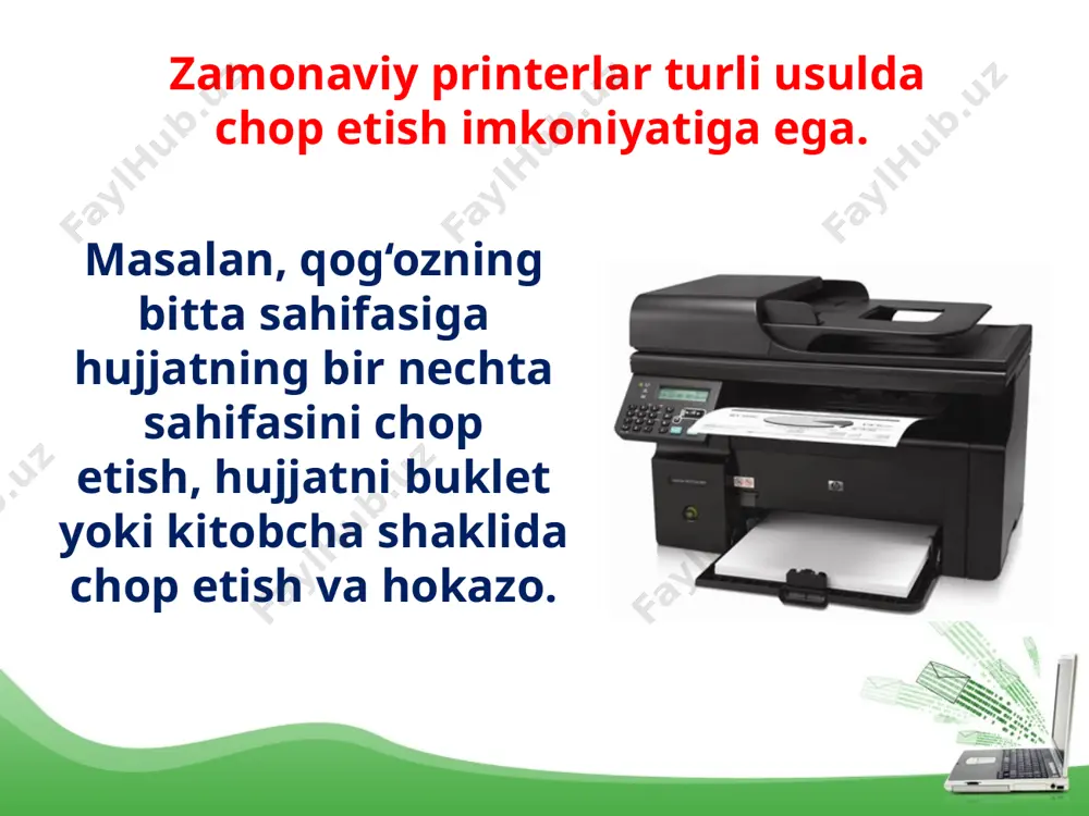ha shaklida chop etish xususiyati bilan tanishamiz. ta’kidlash joizki, hamma printerlar ham bunday xususiyatga ega emas. shu sababli kitobcha shaklida chop etish xususiyatini «hp laserjet 1300» rusumli printer misolida ko‘ramiz. mazkur printerning xususiyatlari lavhasi quyidagi rasmda keltirilgan. undagi hujjat parametrlari (parametri dokumenta) bandidan ikkala tomoniga chop etish (pechat na oboix storonax) ko‘rsatmasi tanlanadi. avval hujjatning bir qismi (yarmi) qog‘ozning bir tarafiga chop etiladi. chop etib bo‘lingan qog‘oz varaqlarini tekislab, ikkiga buklasangiz kitobcha hosil bo‘ladi. chop etilgan qog‘ozlar tartibini buzmagan holda yana printerga joylansa, hujjatning qolgan qismi qog‘ozning orqa tomoniga chop etiladi. hujjatni kitobcha shaklida chop etishda ehtiyojga qarab, o‘ng tomondan yoki yuqoridan muqovalash ham mumkin. buning uchun buklet maketida tegishli ko‘rsatma tanlanadi. savol va topshiriqlar 1. qaysi tugma yordamida hujjatni chop etish mumkin? 2. hujjatning joriy sahifasini chop etish qanday amalga oshiriladi? 3. hujjatning ketma-ket kelmagan bir nechta sahifasini bir yo‘la chop etish mumkinmi? 4. hujjatning faqat belgilangan qismini chop …