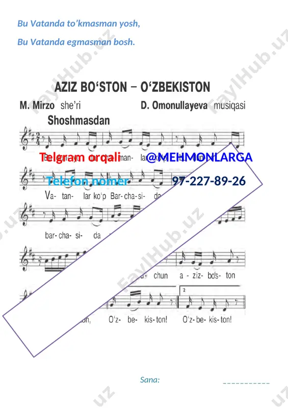 mizsiz. sizga izzat-sizga hurmat, yosh qalblarda bo’ling har vaqt. [image: ][image: ]telgram orqali @mehmonlarga telefon nomer 97-227-89-26 sana ___________ mmibdo’ : ________________ mashg’ulotning mavzusi : “maktabim” qo’shig’i mashg’ulotning maqsadi: o’quvchilarni musiqaga bo’lgan qiishziqishlarini oshirish, malaka va ko’nikmalarini shakllantirish mashg’ulotning metodi: aralash mashg’ulotning jihozi: -musiqa savodiga doir tasviriy-illustrativ ko’rgazmalar; -fortepiano,cholg’u asboblari; -texnik vositalar. mashg’ulotning borishi: “maktabim” qo’shig’i i.muslim she’ri f.nazarov musiqasi ona kabi mehribon, telgram orqali @mehmonlarga telefon nomer 97-227-89-26 ilm,fanlarga makon. yayrab o’qiyman har on, qadrdonim maktabim! senda fanlar xilma-xil, ongim o’sar yilma-yil. sevinchlarga to’lar dil, qadrdonim maktabim! men dunyoda bahtiyor hech chekmayman alam-zor vatanim mangu gulzor qadrdonim maktabim [image: ] telgram orqali @mehmonlarga telefon nomer 97-227-89-26 sana ___________ mmibdo’ : ________________ [bookmark: _goback] mashg’ulotning mavzusi : “olma”qo’shig’i mashg’ulotning maqsadi: o’quvchilarni musiqaga bo’lgan qiishziqishlarini oshirish, malaka va ko’nikmalarini shakllantirish mashg’ulotning metodi: aralash mashg’ulotning jihozi: -musiqa savodiga doir tasviriy-illustrativ ko’rgazmalar; -fortepiano,cholg’u asboblari; -texnik vositalar. mashg’ulotning borishi: “olma” qo’shig’i p.mo’min she’ri d.omonullayeva …