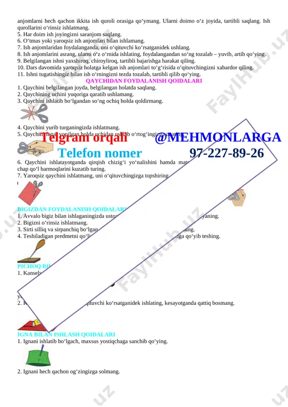 ompetensiyasi: texnologik xaritalarni o‘qiy olish, chizmalarni daftarga ko‘chirib chiza olish. o’tish usuli: tushuntirish, suhbat, ko’rsatmalilik, amaliy. dars jihozi: mehnat qurollari. darsning borishi: dars elementlari i ii iii iv v davomiyligi 1 7 25 5 5 i. darsni tashkil qilish. 1. salomlashish. 2. davomatni aniqlash. 3. o’quvchilarni darsga tayyorlash. ii. uy vazifani tekshirish: ta’til haqida suhbat. iii. yangi mavzu bayoni. xavfsizlik qoidalari 1. har bir o‘quvchi faqat o‘z ish joyida ishlashi lozim. 2. agarda ish jamoa tarzida bajariladigan bo‘lsa, o‘quvchilar o‘zlari uchun belgilab berilgan majburiyatlarini yaxshi bilishlari zarur. 3. ish faqat o‘qituvchining ruxsati bilan boshlanadi. 4. ishni boshlashdan oldin, ish joyingizni tayyorlang, ish qurollarini to‘g‘ri va qulay joylashtiring: o‘ng qo‘l bilan ushlanadigan anjomlarni o‘ng tomonga (qaychi, qalam, o‘chirg‘ich va hokazo), chap qo‘l bilan ushlanadiganlari (qog‘oz, yelim va boshqalar)ni chap tomonga qo‘ying. sanchiladigan, kesadigan anjomlarni hech qachon ikkita ish quroli orasiga qo‘ymang. ularni doimo o‘z joyida, tartibli saqlang. ish qurollarini o‘rinsiz ishlatmang. …