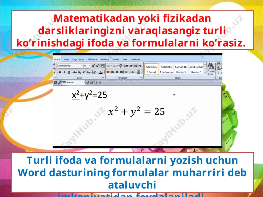 tuzatish jarayonini amalda ko‘rsating. 6. formula lavhasida qanday harakatlanish mumkin? amalda ko‘rsating. 7. matndagi formuladan qanday nusxa ko‘chiriladi? amalda ko‘rsating. image3.jpeg image4.jpeg image5.jpeg image6.jpeg image7.jpg image8.emf image9.emf image10.png image11.jpeg image12.jpeg image13.png image14.png image15.png image16.png image1.jpeg image2.jpeg