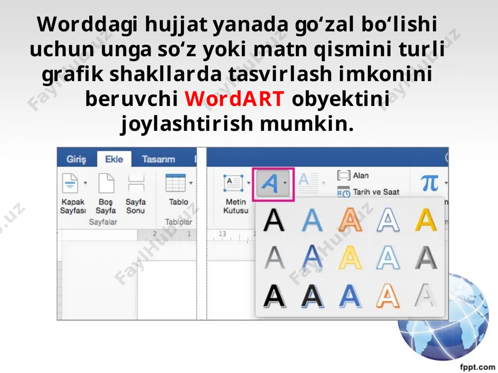 ekti qanday vazifani bajaradi? 2. wordart obyekti qanday usullar bilan joylashtiriladi? 3. wordart uslublari (stili wordart) guruhi qanday imkoniyatlar beradi? 4. wordart obyekti shaklini o‘zgartirishni amalda ko‘rsating. 5. informatika fanidan referat uchun muqova tayyorlang. 6. wordartda tayyorlangan obyektni erkin burishni amalda ko‘rsating. 7. wordartda tayyorlangan obyekt formatini o‘zgartirishni amalda ko‘rsating. image2.jpeg image3.png image4.png image5.png image6.jpeg image7.png image8.emf image9.emf image10.jpeg image11.emf image12.jpeg image13.jpeg image14.emf image15.emf image16.jpeg image17.jpeg image1.jpeg