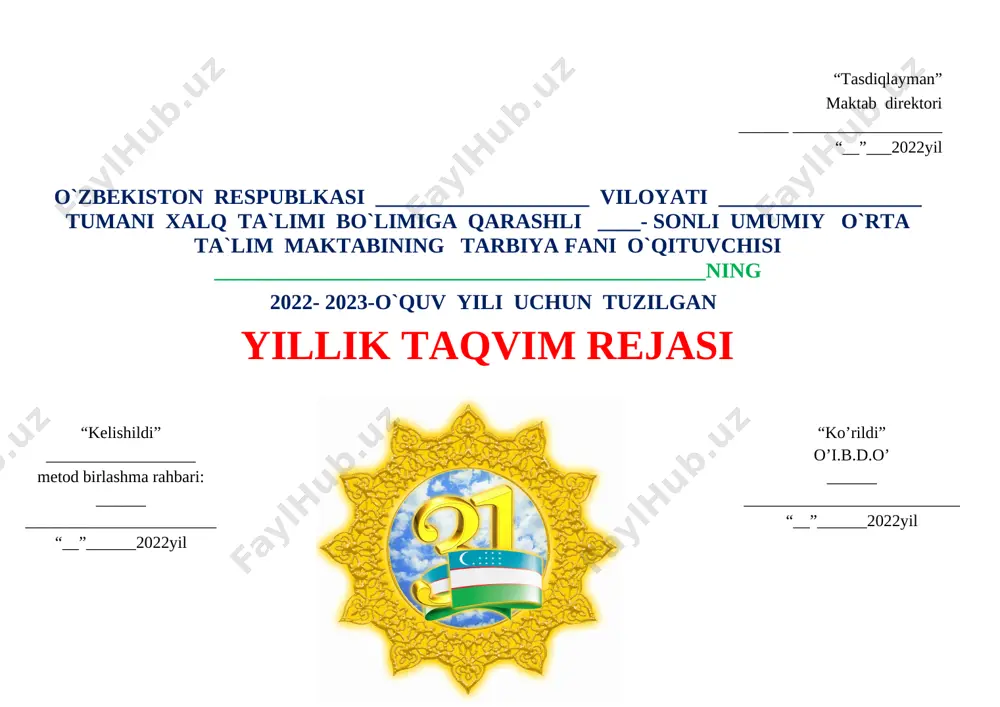 r 8 maktabim-qadrdonim 1 21-24-betlar 2022-2023 o‘quv yili uchun 3-sinf “tarbiya” fanidan taqvim mavzu rejasi (haftasiga 1-soatdan 34 soat) t/r mavzular soat o’tilgan vaqti rejada o’tilgan vaqti amalda uyga vazifa izoh 3 a 3 b 3 v 3 a 3 b 3 v i- chorak 1 munosib farzand 1 4-6-betlar 2 muvaffaqiyat – qat’iyat va mehnat natijasi 1 7-13-betlar 3 muvaffaqiyat – qat’iyat va mehnat natijasi (amaliy mashg‘ulot) 1 7-13-betlar 4 serquyosh, hur o‘lka 1 14-16-betlar 5 takrorlash 1 17-18-betlar 6 eng buyuk sharaf 1 19-21-betlar 7 bilim olish odobi 1 22-25-betlar 8 kim bo‘lsam ekan? 1 26-28-betlar 2022-2023 o‘quv yili uchun 4-sinf “tarbiya” fanidan taqvim mavzu rejasi (haftasiga 1-soatdan 34 soat) t/r mavzular soat o’tilgan vaqti rejada o’tilgan vaqti amalda uyga vazifa izoh 4 a 4 b 4 v 4 a 4 b 4 v i- chorak 1 vatan madhi 1 4-6-betlar 2 o‘zbekiston – ko‘p millatli davlat 1 …