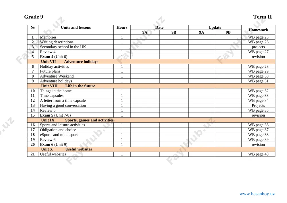 work 9a 9b 9a 9b 1 writing, moving, dancing 1 wb page 41 2 an email 1 wb page 43 3 beautiful game 1 projects unit xi city living 4 places in the city 1 wb page 44 5 signs and notices 1 wb page 46 6 conversations 1 wb page 47 7 review 7 1 revision 8 exam 7 (unit 10-11) 1 revision unit xii films 9 types of film 1 wb page 48 10 going to the cinema 1 wb page 49 11 writing an invitation 1 wb page 51 12 brainstorming 1 projects unit xiii life experiences 13 outdoor activities 1 wb page 52 14 life quiz 1 wb page 53 15 exploring the world 1 wb page 54 16 review 8 1 wb page 55 17 exam 8 (unit 12-13) 1 revision unit xiv spending money 18 shopping 1 wb page 56 19 measurements 1 wb …