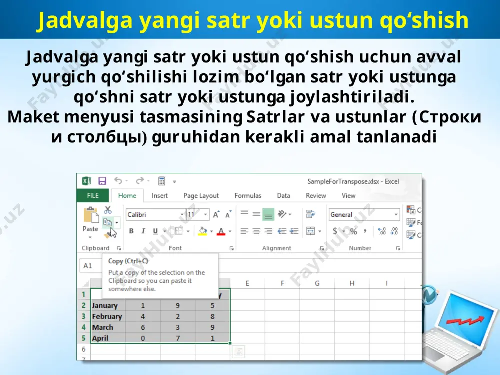 matn yo‘nalishi (napravlenie teksta) tugmasi kerakli yo‘nalish aks etguncha bir necha marta tanlanadi. 1. yurgich matn yoziladigan katakchaga joylashtiriladi. 2. sichqonchaning o‘ng tugmasini bosib, ekranga kontekst-menyu chiqariladi. 2-usulda: 3. ekranda aks etgan jadvalga mos kontekst-menyudan matn yo‘nalishi (napravlenie teksta) amali tanlanadi. natijada ekranda matn yo‘nalishini tanlash muloqot oynasi aks etadi. 4. ekranda aks etgan muloqot oynasidan matnning kerakli yo‘nalishi tanlanadi va enter klavishi bosiladi yoki sichqoncha yordamida ok tugmasi tanlanadi. savol va topshiriqlar 1. jadvallar ustida qanday amallar bajariladi? 2. jadvalga yangi satr yoki ustun qo‘shishni amalda ko‘rsatib bering. 3. jadvaldan ortiqcha ustun yoki satrlar qanday olib tashlanadi? 4. jadvalda blokka olish usullarini amalda ko‘rsating. 5. jadval kataklari qanday birlashtiriladi? 6. jadval kataklarini bo‘lishni amalda ko‘rsating. image2.jpeg image3.png image4.png image5.png image6.png image7.png image8.emf image9.jpeg image10.png image11.jpeg image12.emf image13.jpeg image14.png image15.jpeg image1.jpeg