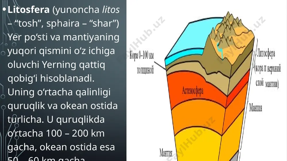 boradi. zilzila o‘chog‘i (gipotsentr) qancha chuqurda bo‘lsa, yer qimirlash markazida (epitsentrda) ball shuncha past bo‘ladi yerning ichki qismidan lava, issiq gaz, suv bug‘lari va boshqa jinslar yer yuzasiga oqib chiqishi va o‘ziga xos relyef shakllarini hosil qilishiga vulqonlar deyiladi. topshiriqlar 1. mavzuni o`qish 2. rasmlarni chizib kelish 3. muhim ma’lumotlarni yozib kelish image3.jpg image4.jpg image5.jpg image6.png image7.jfif image8.jpeg image9.jpg image10.png image11.jpg image12.png image13.jpg image14.jpg image2.png