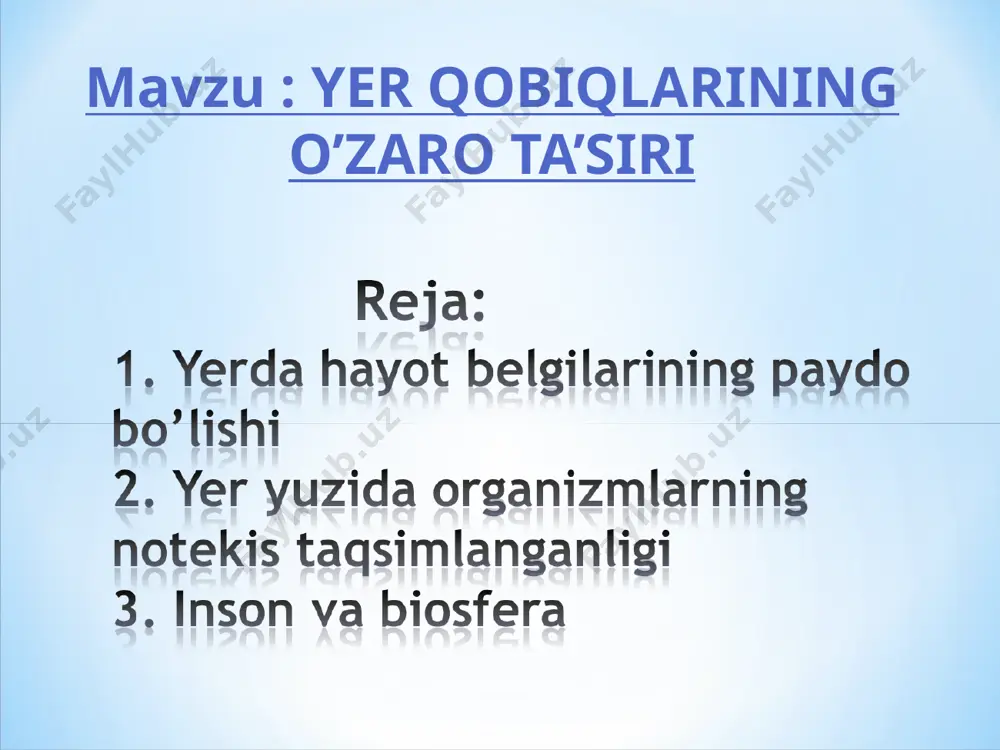 (cho’lda o’sadigan qanday o’simliklarni bilasis?). cho’llarning ko’p xayvonlari uzoq vaqt suvsiz yashay oladi. cho’llar faqat issiq joylarda emas, sovuq joylarda ham bor. antarktidada o’simlik o’smaydigan, hayvonlar yashamaydigan joylar anchagina. bunday joylar qor va muzlik cho’llari deyiladi. inson va biosfera. hozirgi odamlarning ajdodlari taxminan 2,5-3 mln yil ilgari paydo bo’lgan. ibtidoiy odamlar dastlabki davrlarda tabiatga moslanishga harakat qilishgan. g’orlarda yashashgan. cho’l zonasi dasht zonasi ovchilik, shuningdek, meva va ildizlarni yig’ish bilan shug’ullanishgan. u vaqtda kishilar biosferaga ta’sir ko’rsata olmafanlar. lekin odamlar olovdan foydalanishni o’rganib, chorvahilik va dehqonchilik bilan shug’ullana boshlagach, keyinchalik zavod-fabrikalar qurganlaridan so’ng biosferaga juda katta ta’sir ko’rsata boshladi. odam tabiiy sharoit noqulay yerlarda tabiatni o’zgartirib, o’ziga qulay sharoitni ham yaratadi. mamlakatimizning ko’p joyari ch’llardan iborat. ota-bobolarimiz qadim zamonlardanoq ariqlar qazib, to’g’on qurib, daryolardan suv chiqarishni o’rganishgan. ajoyib bog’lar, ekinzorlar bunyod etishgan. inson tomonidan o’zgartirilgan, obod qilingan bunday joylar vohalar deb ataladi. insonlar yashaydigan vohalar quyosh sistemasi, 5 mlrd yil …