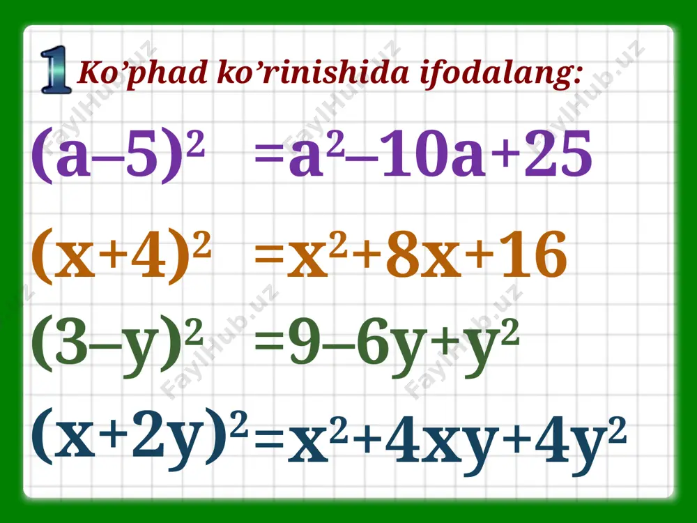 iyax peremennoy ne imeet smisla drob: reshenie pri a = - 5 znamenatel obrashaetsya v 0, znachit nedopustimoe znachenie a = -5. otvet: pri a = -5. 14 ustanovite, pri kakix znacheniyax peremennoy ne imeet smisla drob: reshenie - znamenatel (d - 41)(a- 85) = 0, esli d = 41, a = 85. otvet: pri d = 41 ili a = 85. 15 naydite znachenie peremennoy, pri kotorix drob ravna nulyu : ravno 0, esli x - 4 = 0, t.e. pri x = 4; ne mojet bit ravno 0; ravno 0, esli 2x + 6 = 0, t.e. pri x = - 3; ravno 0, esli x + 1 = 0, t.e. pri x = -1. 16 kasrning surati nolga teng bo’lsa, kasr nolga teng. agar kasrning maxraji nolga teng bo’lsa bu kasr ma’noga ega emas yangi mavzuni mustahkamlash ratsional ifoda bo’ladimi?: mojno predstavit kak mnogochlen yavl. algebraicheskoy drobyu …