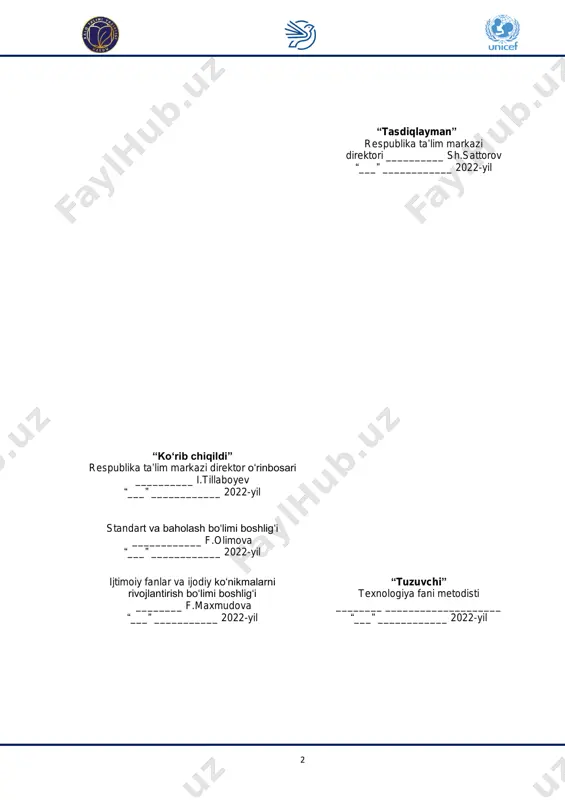............................. 32 4.2. texnologiya, 7-sinf................................................................. 36 4 amaliy fanlar tavsifi 1.1. amaliy fanlar tavsifi va integratsiyasi amaliy fanlar blok-moduli oʻz ichiga musiqa madaniyati, tasviriy sanʻat, chizmachilik, texnologiya, jismoniy tarbiya va chaqiruvga qadar boshlangʻich tayyorgarlik oʻquv predmetlarini qamrab oladi hamda oʻzaro aloqadorligini taʻminlaydi. oʻquvchilarni maʻnaviy dunyosini boyitish, borliqni idrok etishda uning yaxlitligi, takrorlanmasligi va uygʻunligini anglash, hayotiy tasavvurini amaliy faoliyatida ifodalash orqali tafakkurini oʻstirish, ijodkorlikni rivojlantirish, innovatsion gʻoyalarni yaratish hamda kundalik hayotga tatbiq etishga oʻrgatish amaliy fanlar blok-moduli orqali amalga oshiriladi. shuningdek, oʻquvchilarni maʻnaviy, badiiy, axloqiy madaniyatini rivojlantirib, ijodiy mahorat, badiiy-estetik didini oʻstirishda, kasb-hunarga yoʻnaltirish bilan birga, jismonan baquvvat boʻlib, sogʻlom turmush tarziga amal qilish, vatanparvarlik ruhida tarbiyalash va harbiy xizmatga tayyorlash, hayotiy koʻnikmalarni rivojlantirish amaliy fanlar tarkibida olib boriladi. hozirgi kunda yangiliklar, yuqori texnikaviy-texnologik innovatsiyalar, maʻlumotlar oqimining oʻsib borishi hayotning barcha jabhalarida toʻrtinchi texnologik inqilobni yuzaga keltirmoqda. shaxsning qiziqishlari va jamiyatning talablari oʻzgarmoqda. kundalik hayotni ilmiy-tadqiqot, texnika taraqqiyoti konsepsiyalari bilan …