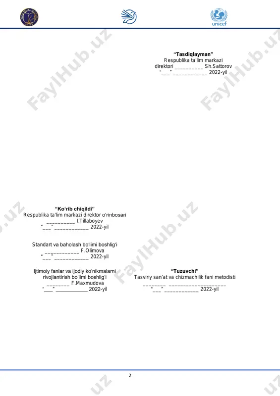 . 29 4.2. tasviriy san’at, 6-sinf............................................................. 33 4.3. tasviriy san’at, 7-sinf............................................................. 36 4 amaliy fanlar tavsifi va predmetlar integratsiyasi amaliy fanlar blok-moduli o‘z ichiga musiqa madaniyati, tasviriy san’at, chizmachilik, texnologiya, jismoniy tarbiya va chaqiriqqa qadar boshlang‘ich tayyorgarlik o‘quv predmetlarini qamrab oladi hamda o‘zaro aloqadorligini ta’minlaydi. o‘quvchilarning ma’naviy dunyosini boyitish, borliqni idrok etishda uning yaxlitligi, takrorlanmasligi va uyg‘unligini anglash, hayotiy tasavvurini amaliy faoliyatida ifodalash orqali tafakkurini o‘stirish, ijodkorlikni rivojlantirish, innovatsion g‘oyalarni yaratish hamda kundalik hayotga tadbiq etishga o‘rgatish amaliy fanlar blok-moduli orqali amalga oshiriladi. shuningdek, o‘quvchilarni ma’naviy, badiiy, ahloqiy, grafik madaniyatini rivojlantirib, ijodiy mahorat, badiiy-estetik didini o‘stirishda, kasb-hunarga yo‘naltirish bilan birga, jismonan baquvvat bo‘lib, sog‘lom turmush tarziga amal qilishga o‘rgatish, vatanparvarlik ruhida tarbiyalab, harbiy xizmatga tayyorlash, hayotiy ko‘nikmalarini rivojlantirish amaliy fanlar tarkibida olib boriladi. yuqori texnikaviy-texnologik innovatsiyalar, ma’lumotlar oqimining o‘sib borishi hayotning barcha jabhalarida to‘rtinchi texnologik inqilobni yuzaga keltirmoqda. shaxsning qiziqishlari va jamiyatning talablari o‘zgarmoqda. kundalik hayotni ilmiy-tadqiqot, texnika taraqqiyoti konsepsiyalari …
