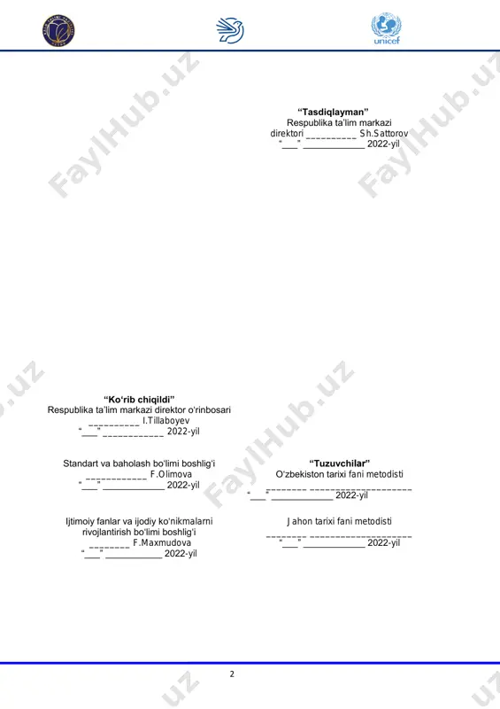 .......................... 35 4.1. tushuntirish xati .................................................................................... 35 4.2. tarix, 6-sinf……………………………………………………............ 38 4.3. tarix, 7-sinf……………………………………………………............ 43 4.4. tarix, 10-sinf…………………………………………………….......... 51 4 ijtimoiy va gumanitar fanlar tavsifi hamda predmetlar integratsiyasi “ijtimoiy va gumanitar fanlar” blok-moduli o‘z ichiga tarix, davlat va huquq asoslari hamda tarbiya o‘quv predmetlarini qamrab oladi, ularning o‘zaro aloqadorligini ta’minlaydi. o‘quvchilarning insoniyat tarixi, jamiyat va davlatning vujudga kelishi, inson, jamiyat va davlat o‘rtasidagi munosabatlar, inson shaxs sifatida rivojlanishida jamiyatning roli to‘g‘risidagi dunyoqarashlarini shakllantirish, tafakkurini rivojlantirishda, qonunlarni asoslab berishda ijtimoiy-gumanitar fanlar blok-moduliga kiruvchi o‘quv predmetlari muhim ahamiyat kasb etadi. mamlakatimizda mustaqillik yillarida amalga oshirilgan keng ko‘lamli islohotlar milliy davlatchilik va suverenitetni mustahkamlash, xavfsizlik va huquq-tartibotni, davlatimiz chegaralari daxlsizligini, jamiyatda qonun ustuvorligini, inson huquq va erkinliklarini, millatlararo totuvlik va diniy bag‘rikenglik muhitini ta’minlash uchun muhim poydevor bo‘ldi, xalqimizning munosib hayot kechirishi, fuqarolarimizning bunyodkorlik salohiyatini ro‘yobga chiqarish uchun zarur shart-sharoitlar yaratdi. o‘quvchilarda ijtimoiy ong va tarixiy tafakkurni shakllantirish, dunyo xalqlari hamda ko‘p millatli …