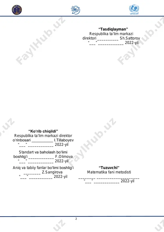 ................................ 52 5.5. algebra, 10-sinf................................................................... 54 5.6. geometriya, 10-sinf............................................................. 56 4 1. matematika fani tavsifi 1.1. matematika fanining inson hayotida tutgan oʻrni va uni oʻqitishga turli yondashuvlar matematika fani asoslarini yaratishga ulkan hissa qoʻshgan muhammad al-xorazmiy, ahmad al fargʻoniy, abu rayxon beruniy va mirzo ulugʻbek kabi buyuk allomalarimizga munosib yosh avlodni tarbiyalash, zamonaviy bilimlarni oʻquvchilarga yetkazish hamda mamlakatimiz yoshlarini matematika goʻzallikllaridan bahramand boʻlishlariga sharoit yaratib berish – barcha uchun ham qarz, ham farz hisoblanadi. ma’lumki, matematika fani inson aqlini charxlaydi, diqqatini rivojlantiradi, koʻzlangan maqsadga erishish uchun qat’iyat va irodani tarbiyalaydi, algoritmik tarzda tartib-intizomlilikka oʻrgatadi va eng muhimi mulohaza yuritishga, muammolarni hal qilish, innovatsiyalarga chorlaydi hamda tafakkurni kengaytiradi. muhtaram prezidentimiz sh.m.mirziyoyev ta’kidlaganidek, “matematika hamma fanlarga asos. bu fanni yaxshi bilgan bola aqlli, keng tafakkurli boʻlib oʻsadi, istalgan sohada muvaffaqiyatli ishlab ketadi”. jumladan, oʻzbekiston respublikasi prezidentining 2019-yil 29- apreldagi pf-5712-sonli farmoni asosida qabul qilingan “oʻzbekiston respublikasi xalq ta’limi tizimini 2030 yilgacha rivojlantirish …