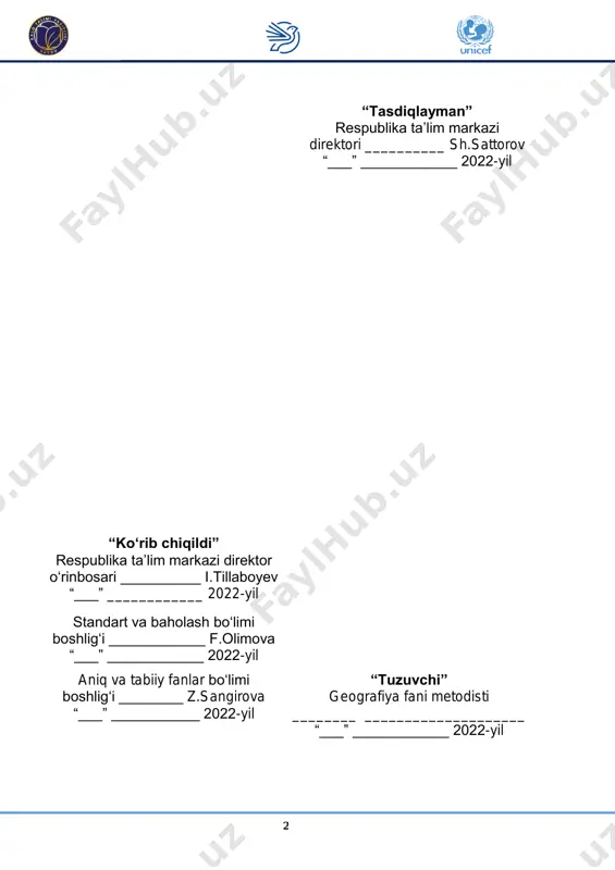 ........... 27 4.1. tushuntirish xati .................................................................................... 27 4.2. geografiya, 7-sinf……………………………………………………............ 29 4.3. geografiya, 10-sinf…………………………………………………….......... 36 4 1. tabiiy fanlar tavsifi 1.1.tabiiy fanlar tavsifi va integratsiyasi “tabiiy fanlar” blok-moduli o‘z ichiga biologiya, geografiya, fizika, kimyo o‘quv predmetlarini qamrab oladi hamda ularning o‘zaro aloqadorligini ta’minlaydi. blok-modul tarkibiga kiradigan o‘quv predmetlari o‘quvchilarda tabiiy-ilmiy, texnik, ekologik va iqtisodiy savodxonlikni shakllantirish hamda tanqidiy va ijodiy fikrlashni rivojlantirishda muhim ahamiyat kasb etadi. jonli va jonsiz tabiatda ro‘y berayotgan hodisa va jarayonlarning mohiyati, sabablari va o‘zaro bog‘liqligi, tabiatning rivojlanish bosqichlari, jumladan, tirik organizmlarning evolyutsiyasi, zamonaviy texnika va texnologiyaning tabiiy-ilmiy asoslari, tabiat va jamiyatning o‘zaro aloqadorligi va ta’siri, tabiiy resurslardan tejamkorlik bilan foydalanishning ilmiy asoslari, sog‘lom turmush tarzining mohiyati va ahamiyati haqida nazariy hamda amaliy bilimlar tizimini tarkib toptirish tabiiy fanlar blok-modulining asosiy vazifalarini belgilab beradi. o‘quvchining ichki motivatsiyasi tabiiy fanlarni o‘zlashtirishga qiziqishi, ular orqali tabiiy va ijtimoiy muhit holatini tushunishi, atrof-muhit va inson muammolarini anglashi, ularning yechimini …
