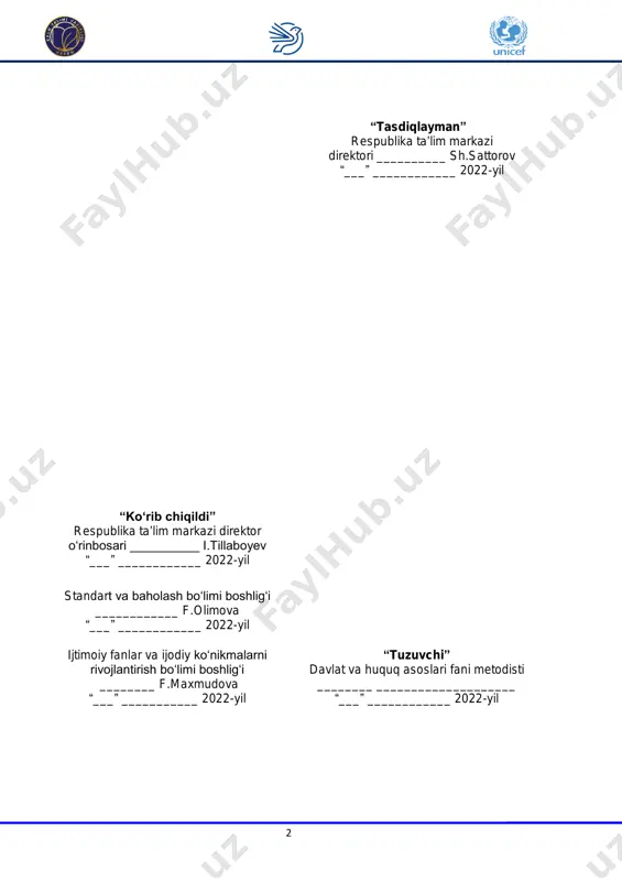 ................................................. 29 4.2. davlat va huquq asoslari 10-sinf 31 4 ijtimoiy va gumanitar fanlar tavsifi hamda predmetlar integratsiyasi 1.1. ijtimoiy va gumanitar fanlar tavsifi “ijtimoiy va gumanitar fanlar” blok-moduli oʻz ichiga davlat va huquq asoslari, tarix hamda tarbiya oʻquv predmetlarini qamrab oladi, ularning oʻzaro aloqadorligini taʻminlaydi. oʻquvchilarning insoniyat tarixi, jamiyat va davlatning vujudga kelishi, inson, jamiyat va davlat oʻrtasidagi munosabatlar, inson shaxs sifatida rivojlanishida jamiyatning roli toʻgʻrisidagi dunyoqarashlarini shakllantirish, tafakkurini rivojlantirishda, qonunlarni asoslab berishda ijtimoiy-gumanitar fanlar blok-moduliga kiruvchi oʻquv predmetlari muhim ahamiyat kasb etadi. mamlakatimizda mustaqillik yillarida amalga oshirilgan keng koʻlamli islohotlar milliy davlatchilik va suverenitetni mustahkamlash, xavfsizlik va huquq-tartibotni, davlatimiz chegaralari daxlsizligini, jamiyatda qonun ustuvorligini, inson huquq va erkinliklarini, millatlararo totuvlik va diniy bagʻrikenglik muhitini taʻminlash uchun muhim poydevor boʻldi, xalqimizning munosib hayot kechirishi, fuqarolarimizning bunyodkorlik salohiyatini roʻyobga chiqarish uchun zarur shart-sharoitlar yaratdi. vatan, millat taqdiri uchun maʻsuliyat, daxldorlik, umuminsoniy va milliy qadriyatlarga hurmat hissini shakllashtirish va rivojlantirish maqsadga …