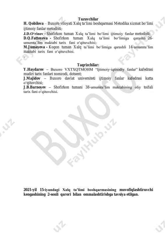 kl.“assesment” texnologiyasi.1ball test: (0.25 ball) 1.xiva xonligida ijaraga yer olgan dehqonlar qanday nom bilan atalgan? a) “yarimchi” b) “chorikor” c) “muzoriy” d) “barzikor” atama: (0.25 ball) agrar – __________________ ___________________________ moslashtir : (0.25ball) savol: (0.25 ball) tarixiy xotira nima?_______________________ ________________________________________ 1.madrasa masjidlarga tegishli yerlar 2. amlok 3. mulk b)vaqf c) xususiy yerlar a) davlat yerlari j:______________ jami ball: ______________ 7-shakl.klaster” metodi.1ball 8-shakl.interesting english .1ball so’zlarning inglizcha tarjimasini topib belgilang 1.madaniyat 1. 2.poytaxt 2. 3.hudud 3. 9-shakl.zakovat savoli.1ball 1.xix asrda buxoroda qaysi sulola hukmronlik qilgan? j:____________________________________(0,5) 2.begar nima? j:____________________________________________________(0,5) 10-shakl.t tizma.1ball o’rta osiyo davlatlarining iqtisodiyotdagi salbiy va ijobiy rivojlanish belgilarini yozing. o’rta osiyo davlatlarida mansablar 11-shakl.nima uchun?metodi.1ball xix asrda o’rta osiyo davlatlarida ishlab chiqarish sust edi. nima uchun? j:_________________________________________________________________ __________________________ 12-shakl.sharhlang.1ball o’rta osiyo davlatlarida yashovchi aholi tarkibi juda boy bo’lgan j:_________________________________________________________________ __________________________________________________________________ __________________________________________________________________ 13-shakl. geografiya bilimdoni..1ball davlatni chegaralang 14-shakl. ijodiy faoliyat..1ball 1.xix asrdagi davlat mansablarini bugungi kun kasblari bilan solishtiring? j:______________________________________________________________ …