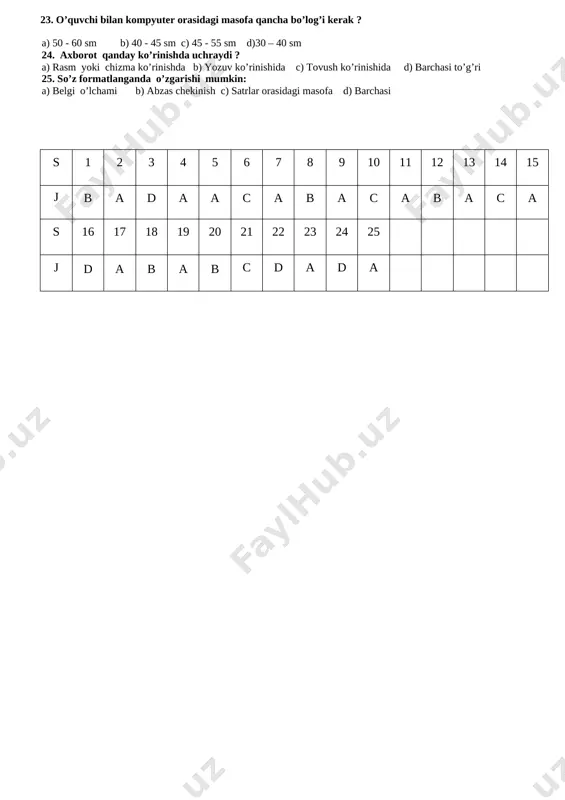 esc 18. matnni belgilangan biror qismi…. deyiladi. nuqtalar o’rniga mos so’zni qo’ying?. a) klavish b) blok c) alifbo d) belgi 19. hujjatni to’liq belgilash uchun tezkor ….+… klavishlari bosiladi?. a) ctrl+a b) alt+d c) ctrl+d d) shift+d 20. format so’zining ma’nosi?. a) grekcha-shakl beraman b) lotincha —shakl beraman c) inglizcha—shakl beraman d) grekcha— belgi 21. v – ix sinf o’quvchilarining shaxsiy kompyuter bilan ishlash vaqti necha minutni tashkil qiladi ? a) 25 -30 minut b) 30 – 35 minut c) 20 – 25 minut d) 25 – 40 minut 22. wordda belgi qanday o’chiriladi ? a) yurgich belgidan oldin joylashtiriladi va delete klavishi bosiladi. b) yurgich belgidan keyin joylashtiriladi va backspace klavishi bosiladi. c) belgi tanlanadi va delete yoki backspace klasvishi bosiladi. d) a ,b javob to’g’ri 23. o’quvchi bilan kompyuter orasidagi masofa qancha bo’log’i kerak ? a) 50 - 60 sm b) 40 - 45 sm c) 45 - …
