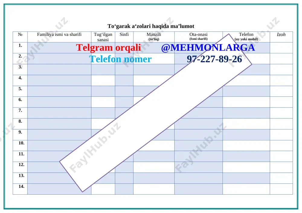 fon nomer 97-227-89-26 raqamlarning qiymati 19. shaxmat qoidalari (fil) 20. rux 21. farzin 22. piyoda 23. shoh 24. ot 25. shaxmat o'yinini boshlash 26. ehtiyot figuralar haqida 27. shaxmat ob'ekti 28. strategiya va taktikalar 29. o'yin bosqichlari 30. shaxmat o'yin variantlari turlari 31. harakatlarni bajarish 32. maxsus holatlar 33. eng oddiy kombinatsiyalar 34. shaxmatchilar uchun tavsiyalar sana: “__” _______ 201__-yil. sinflar: _______. to‘garak rahbari:________________ mavzu: shaxmat taxtasi haqida afsona va haqiqat. i. maqsad: 1.ta’limiy: shaxmat haqida o‘quvchilarda tushunchalar hosil qilish. 2. tarbiyaviy: o‘quvchilarga mashg‘ulotni tushuntirish jarayonida ularni ona vatanga sadoqat ruhida tarbiyalash. 3.rivojlantiruvchi: o‘quvchilarda hosil bo‘lgan malaka, tushuncha va ko‘nikmalarni shakillantirish. ii. ko‘rgazma qurollar: shaxmat taxtasi, ko’rgazmali rasmlar va didaktik materiallar. iii. o’tgan mavzuni mustahkamlash: mavzu yuzasidan savol-javob orqali guruhlar bilan ishlab mavzu haqidagi fikrlar va umumiy hulosalar mustahkamlanadi. iv. mashg‘ulotning borishi: tashkiliy figura: salomlashish, davomatni aniqlash, tozalikni nazorat qilish, ma’naviyat daqiqasini o‘tkazish v.yangi mavzu bayoni [image: images (1)]maktabda matematika …