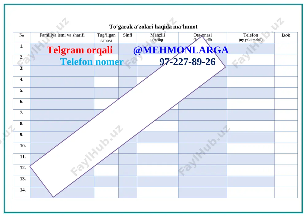 7-227-89-26 to’pni yondan uloqtirish 21. shaxsiy himoya 22. himoya taktikasi 23. himoya o’yini texnikasini o’rgatish 24. himoyada o'ynash texnikasi 25. himoya qilishning asosiy tamoyillari 26. o‘yinda tez, chaqqon va ildam harakat qilish 27. maydonda harakatlanish va to’pni boshqarish texnikasi 28. qo’l to’pida hujum va himoya texnikasi 29. to’pni yerda urib olib yurish 30. qo’l to’pi o’yinida darvozabonga o’yin texnikasini o’rgatish usullari 31. to'pni darvozaga otish 32. to’pni uzatish 33. qo’l to’pi o’yinida chalg’itish harakatlari 34. o’yinida to’pni olib qo’yish usullari sana: “__” _______ 201__-yil. sinflar: _______. to‘garak rahbari:________________ mashg‘ulotning mavzu: qo‘l to‘pini kelib chiqish tarixi mashg’ulotning usuli: amaliy va nazariy bilim berish, ko’rsatmali, amaliy, musobaqa mashg’ulotning jihozi: xushtak, sekundamer, sport maydoni va mavzuga oid ko‘rgazmalar mashg’ulotning maqsadi: · qo‘l to‘pi bo’yicha o’quvchi bilimini oshirish · o`quvchilarga qo‘l to‘pi haqida tushuncha berish, jismonan chiniqtirish, sog`ligini mustahkamlash, · tezkorlik, chaqqonlik, chidamlilik, kuchlilik, egiluvchanlik sifatlarini oshirish. · bolalarni to’garakka va sportga bo'lgan qiziqishini …