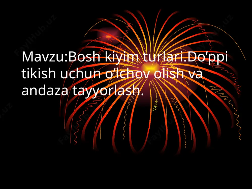 dars metodi: guruhlarda ishlash, “aqliy hujum”, “kim epchil-u, kim chaqqon”, “klaster”, “b/b/b” metodlaridan foydalaniladi. darsda jihozi: tikuvchilik o‘quv xonasi, mehnat ish qurollari va jixozlari, rasm va tarqatma materiallar, o‘quv qurollari, elekron materiallar, test materiallari. darsning borishi: tashkiliy qism: salomlashish davomatni aniqlash darsga tayyorgarlik ko‘rish o‘quvchilar diqqatini darsga qaratish. uyga vazifani so‘rash: savol – javob o‘tkazish topshiriqlarni tekshirish amaliy mashg‘ulotda tugallanmagan ishning oxiriga yetkazilganini tekshirish yangi mavzu bayoni: usullariga ko‘ra farqlanadi. do‘ppilar shakli, ko‘rinishi jihatidan dumaloq, uchburchaksimon taxlanadigan, konussimon, yarim konussimon shakllarda bo‘ladi. amaliy masho‘ulot: kerakli asbob va moslamalar: ish qutisi, santimetr lentasi, chizg‘ich, sirkul, qalam, 60x30 sm o‘lchamda millimetr qog‘oz va karton, atlas, adras va sidirg‘a velyur gazlama bo‘laklari, nozmunchoq, piston, igna, tikuv mashinasi, qaychi, angishvona. dumaloq shakldagi do‘ppining andazasini tayyorlash. dumaloq shakldagi do‘ppilarning andazasini tayyorlash uchun avval kerakli bosh aylanasi o‘lchamini aniqlab, yozib olinadi. tepa qismining andazasini tayyorlash. olingan o‘lcham asosida do‘ppining tepa qismi radiusi aniqlanadi. uni aniqlash uchun …