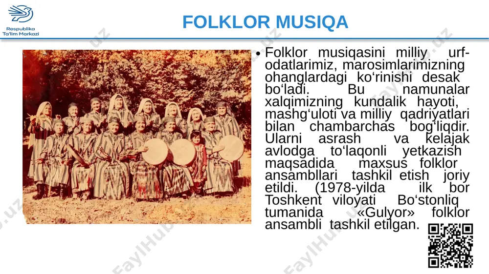 rib va shohsanam», «ravshan va zulxumor», «rustam», «go‘ro‘g‘li», «bolagardon», «bo‘tako‘z», misol bo‘la oladi. o‘zbek musiqa san’atida dostonning ikki ijrochilik uslubi mavjud : xorazm doston ijrochiligi va surxondaryo-qashqadaryo ijrochilik uslublari. 4 o‘zbekiston - jannat sig‘masa ham o‘zi do‘stga joyi bor uning. yo‘lovchiga bir piyola choyi bor uning. n a q a r o t: do‘ppisini ko‘kka otib, shodlansa arzir. o‘zbekiston degan jannat joyi bor uning . o‘zbekiston –jannat, o‘zbekiston –jannat. o‘zbekiston degan jannat joyi bor uning. dilshod rajab she’ri xurshida hasanova musiqasi mohir ijrochi respublikamizda birinchilar qatorida folklor-etnografik ansambilini tashkil etgan. xalq yalla va laparlarining mohir ijrochisi, tashkilotchi rahbar ustoz. 1923-yili bo‘stonliq tumani g‘azalkent shahrida tug‘ilgan. 200 dan ortiq qo‘shiq termalarni ijro etgan. keyingi darsda ko‘rishguncha… 7 image11.png image12.png image13.png image14.jpeg image15.gif image16.png image17.gif image18.gif image19.gif image20.gif image21.jpeg image22.gif image23.gif media1.mp3 232.08667 image24.png image25.jpeg image26.jpeg image27.jpeg image28.jpeg image29.jpeg image30.jpeg image31.jpeg image32.png