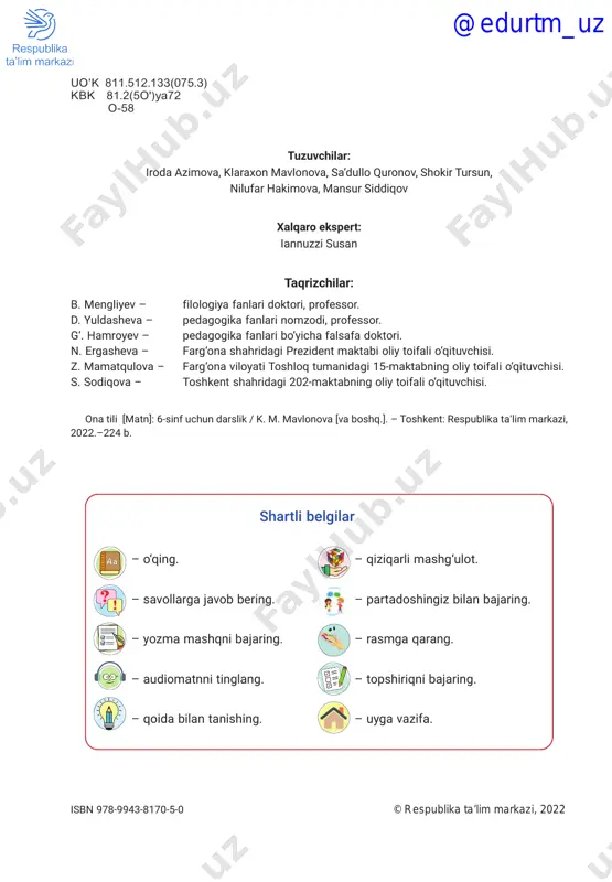 u infografika bilan tanishib chiqing. savollarga javob bering. d e h q o n yu r t n i b o q a d i • dehqonchilikning ijtimoiy ahamiyati • soha bilan bog‘liq milliy qadriyat va an’analar sharhi • qishloq xo‘jaligiga oid til birliklari • publitsistik uslub • badiiy uslub. o‘zbekiston respublikasida qishloq, o‘rmon va baliqchilik xo‘jaliklari rivojlanishining asosiy ko‘rsatkichlari (2021-yilning yanvar – sentyabr oylari bo‘yicha) 1. infografika qanday qismlardan iborat? 2. o‘sish surʼati deganda nimani tushundingiz? 3. infografikani tushunganingiz asosida sharhlang. @edurtm_uz 69 infografika axborot va maʼlumotlarni uzatishning grafik usuli sanaladi. infografikadan murakkab maʼlumotlarni qulay usulda yetkazish uchun foydalanamiz. uni matn, rasm va dizaynni o‘zaro birlashtirib hosil qilish mumkin. infografikadan matbuotda, jurnallarda, o‘quv adabiyotlarida, veb sahifalarda, ijtimoiy tarmoqlarda va boshqa o‘rinlarda foydalanish mumkin. dehqonchilik va chorvachilik mahsulotlariga nimalar kiradi? ularni ikki ustunga ajratib yozing. uch guruhga bo‘lining. birinchi guruh berilgan infografika asosida dehqonchilik mahsulotlari, ikkinchi guruh chorvachilik mahsulotlari, uchinchi …