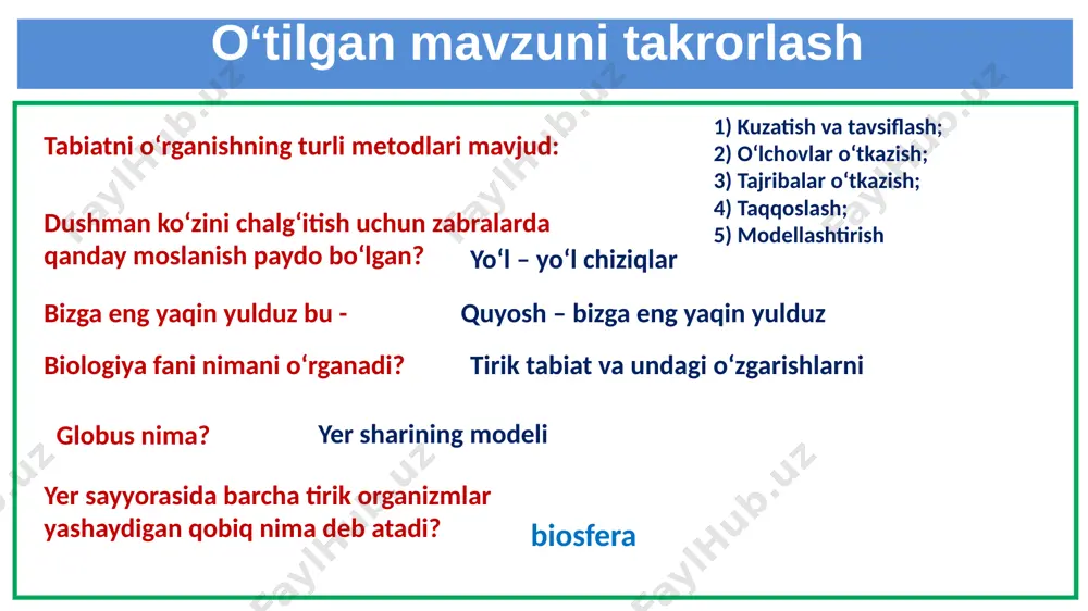 nib turgan shamni kuzating. undan oqib tushayotgan suyuqlik ma’lum vaqtdan soʻng qotadi. bu jarayonni qanday izohlaysiz? 2. un, shakar va tuz zarralarini taqqoslang. 3. suv qanday tabiiy sharoitlarda uch xil holda bo‘la oladi? 4. suv harorati 100 0c ga yetganda, u qanday holatga o‘tadi? 5. oddiy paxta yog‘i (moyi), kungaboqar yog‘i (moyi) qishning sovuq va yozning issiq kunlarida nega har xil ko‘rinishlarga namoyon bo‘ladi? 6. yer sharining qanday joylarida bir vaqtning o‘zida uch xildagi suv holatini ko‘rish mumkin? 7. kundalik hayotda ishlatiladigan osh tuzi qattiq holatdan suyuq holatga va yoki suyuq holatdan qattiq holatga o‘tishi mumkinmi? mustahkamlash. o‘tilgan mavzuni o‘qish va tabiatda mavjud uch xil holatdagi moddalar nomini yozib kelish: qattiq: _______________________________________________ suyuq:_______________________________________________ gaz:_________________________________________________ vazifa image1.png image2.png image3.png image4.png image5.png image6.png image7.png image8.png image9.png image10.png image11.png image12.png image13.png image14.png image15.png